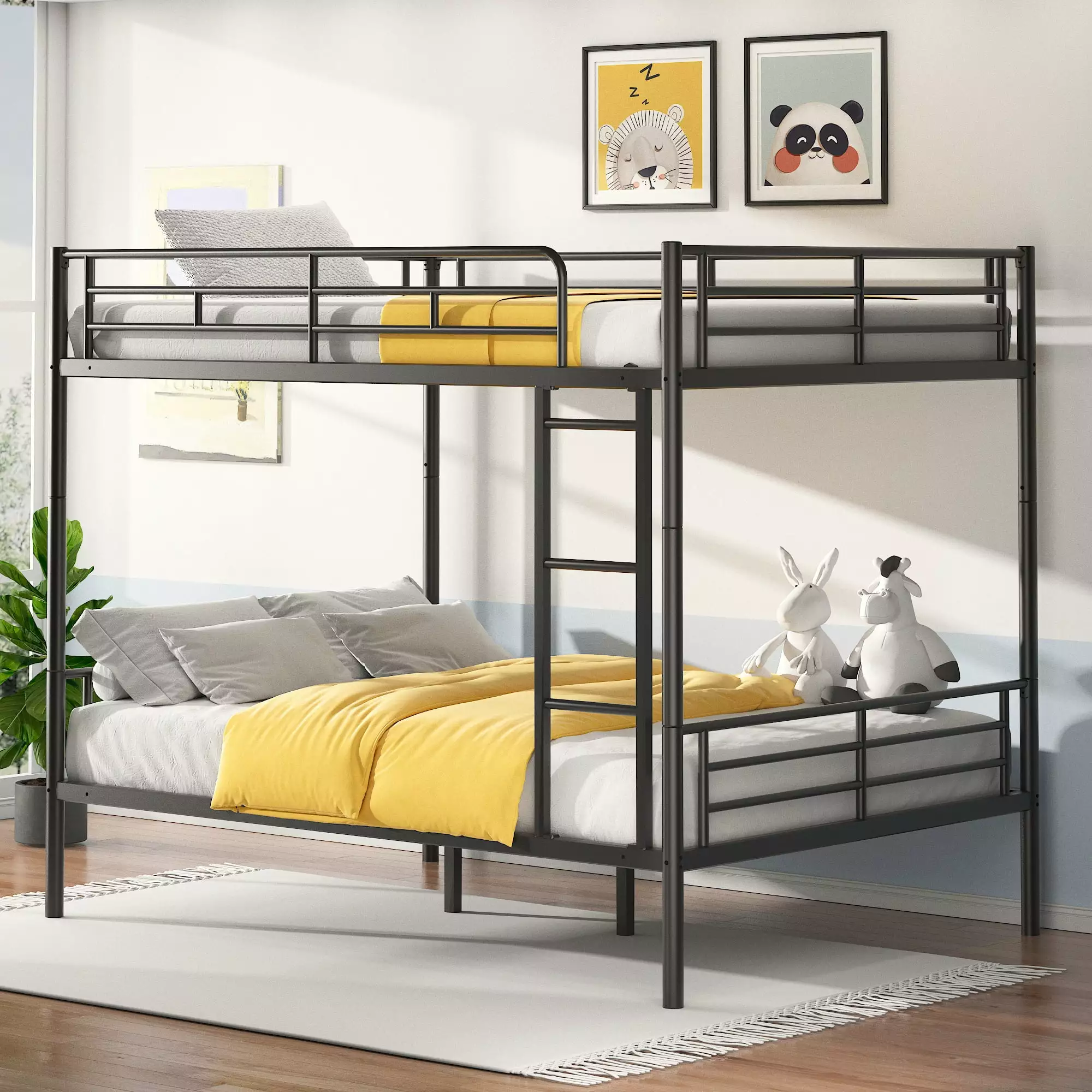 uhomepro Full Over Full Metal Bunk Bed - Heavy Duty Frame Guard Rails & Flat Ladder Black