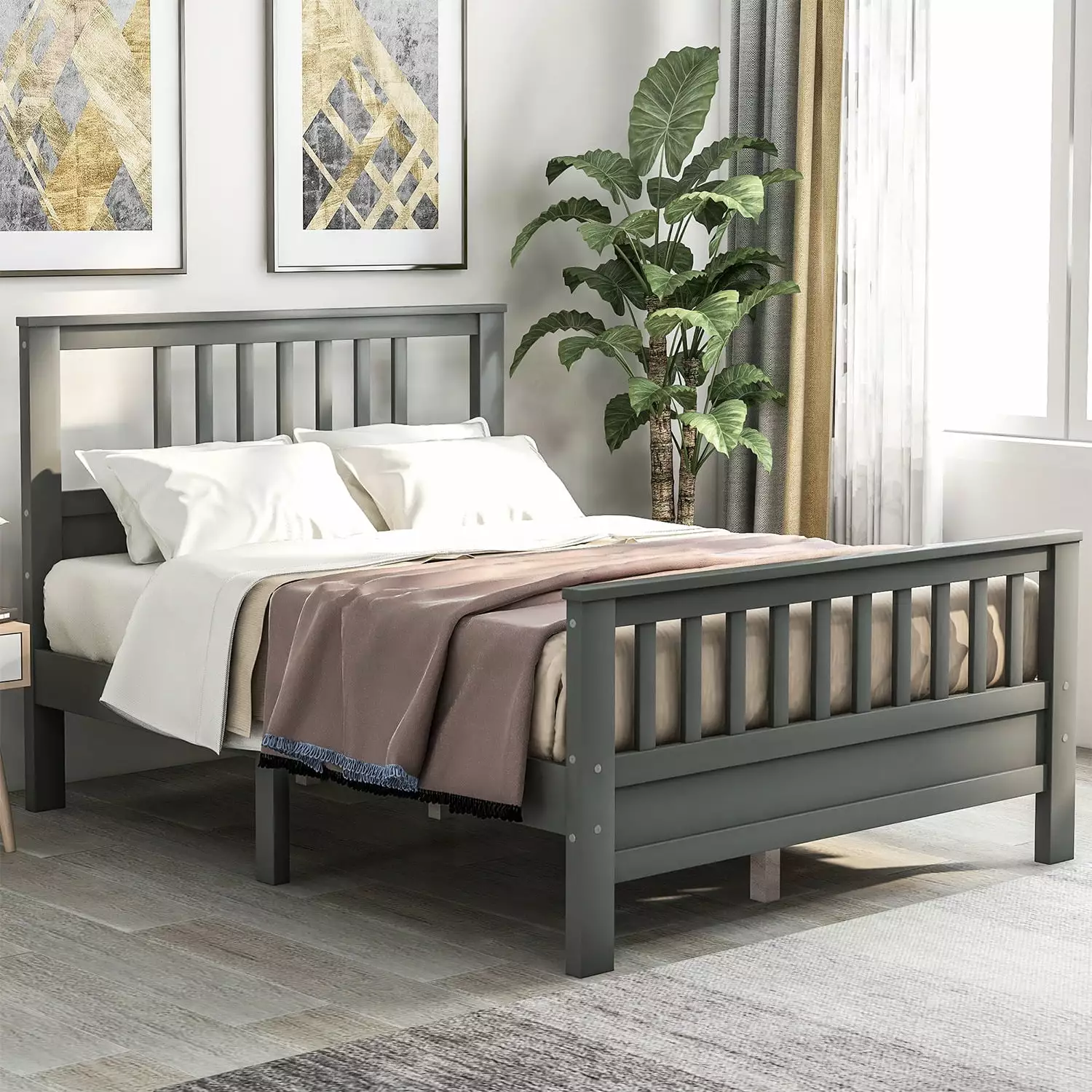 Bed Frame Full Size Headboard And Footboard Gray Wooden Platform Bed Frame Kids Adults Bedroom Furniture 54.5x75.9x42 ARCT...