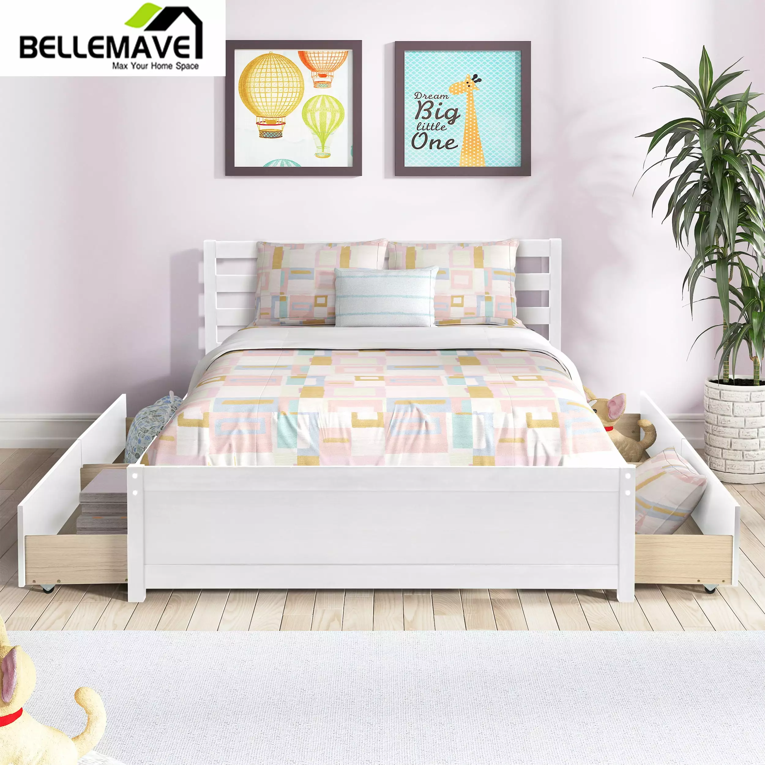 Bellemave Full Size Wood Platform Bed Headboard and 4 Drawers Platform Bed Boys Girls No Box Spring Needed White