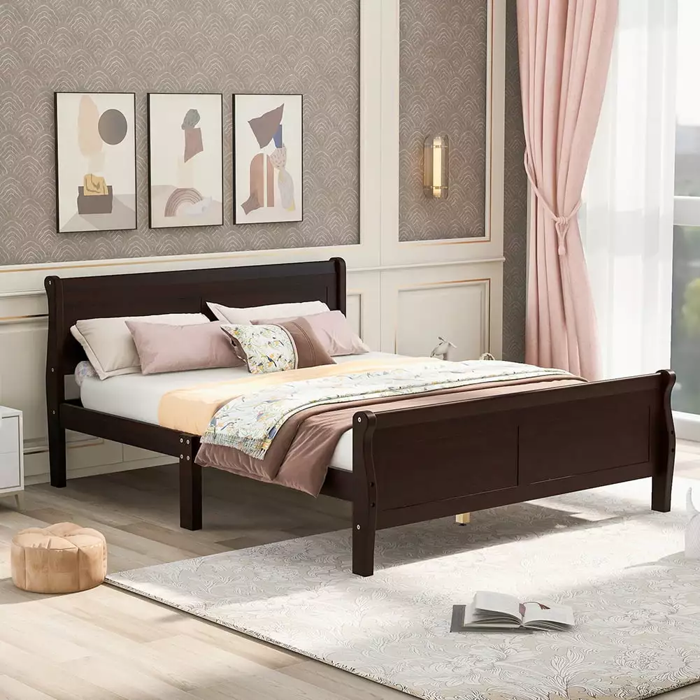 Canddidliike Wood Platform Bed Bed Frame Headboard Full Size Bed Frame Espresso