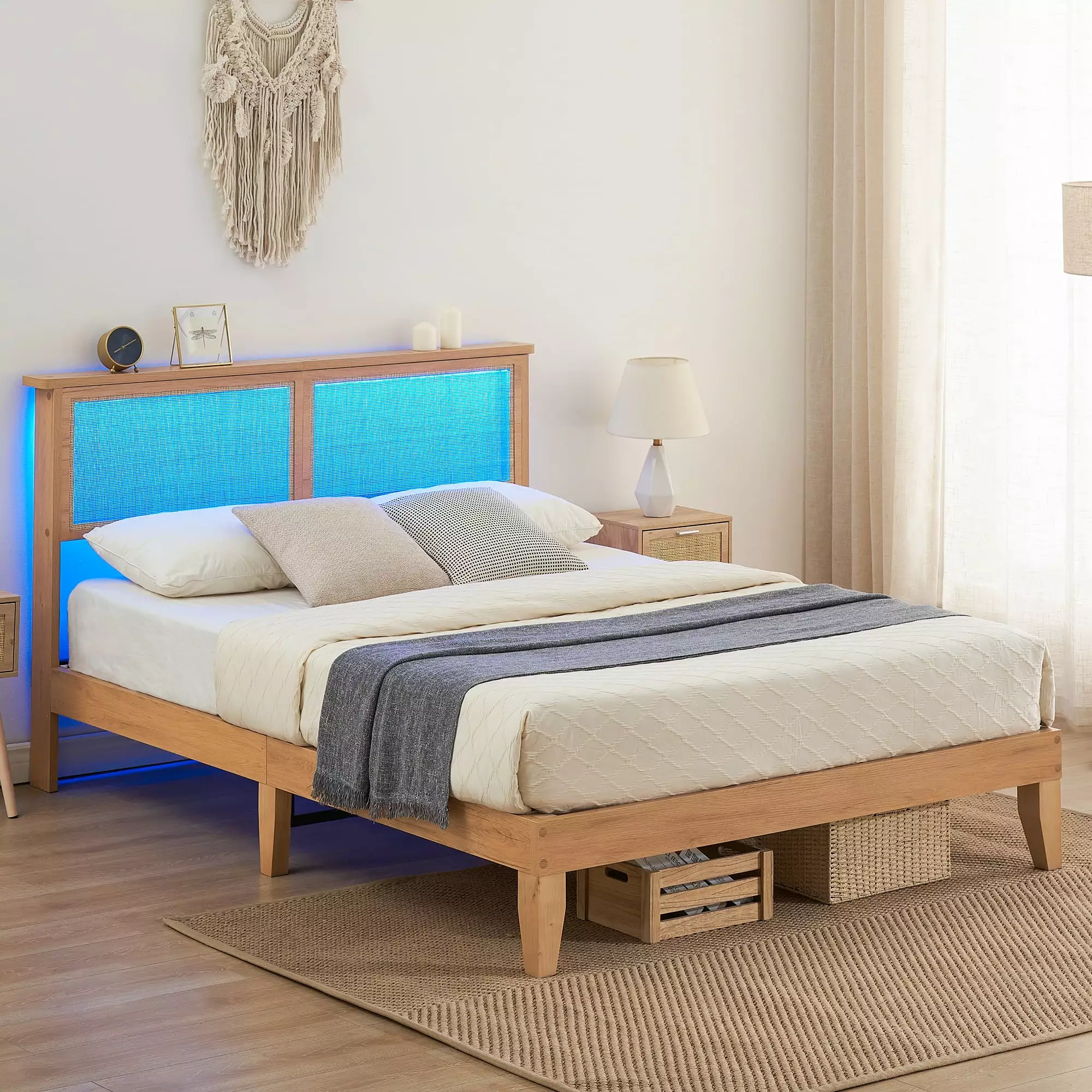 Yesurprise Full Bed Frame Rattan Headboard Platform Bed Full Size Storage Headboard