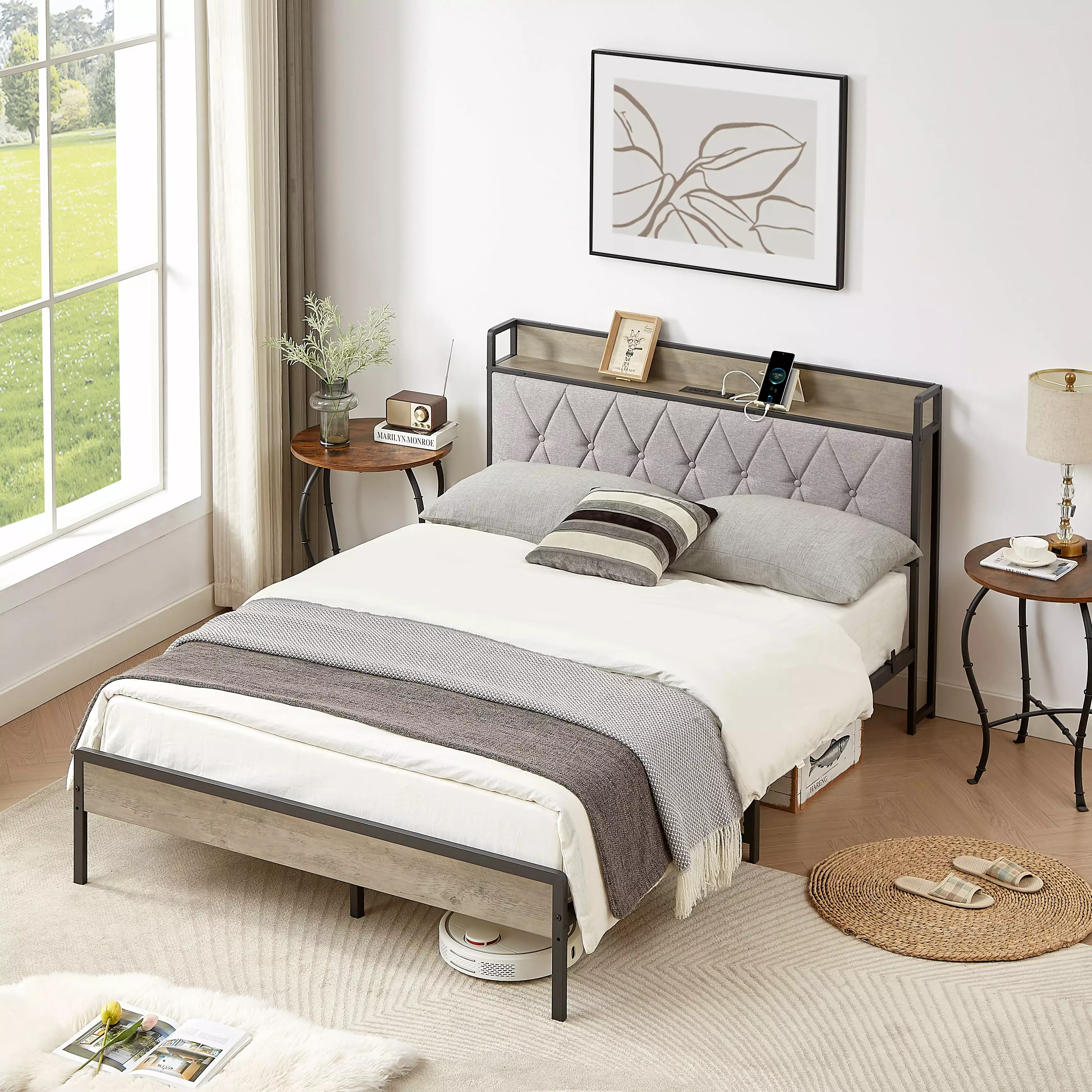 Full Bed Frame Charging Station Minimalist Metal Platform Bed Frame Upholstered Storage Headboard 1000 LBS Heavy Duty Full...
