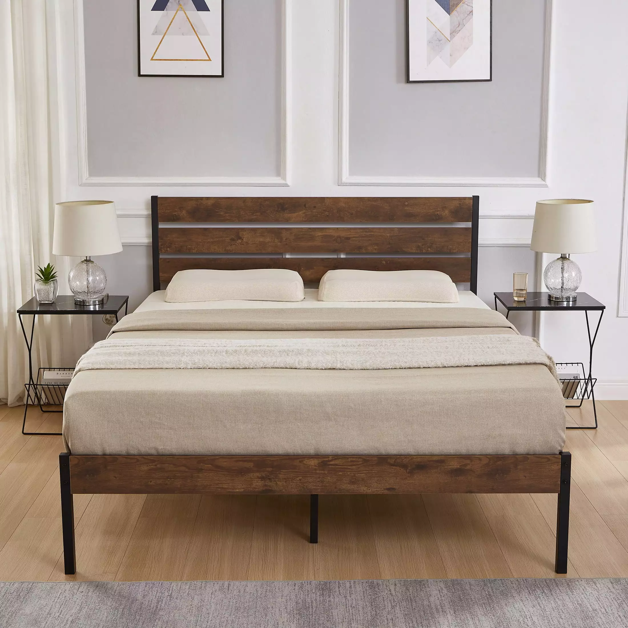 SYNGAR Black Full Size Bed Frame Wooden Industrial Headboard 700LBS Capacity No Box Spring Needed