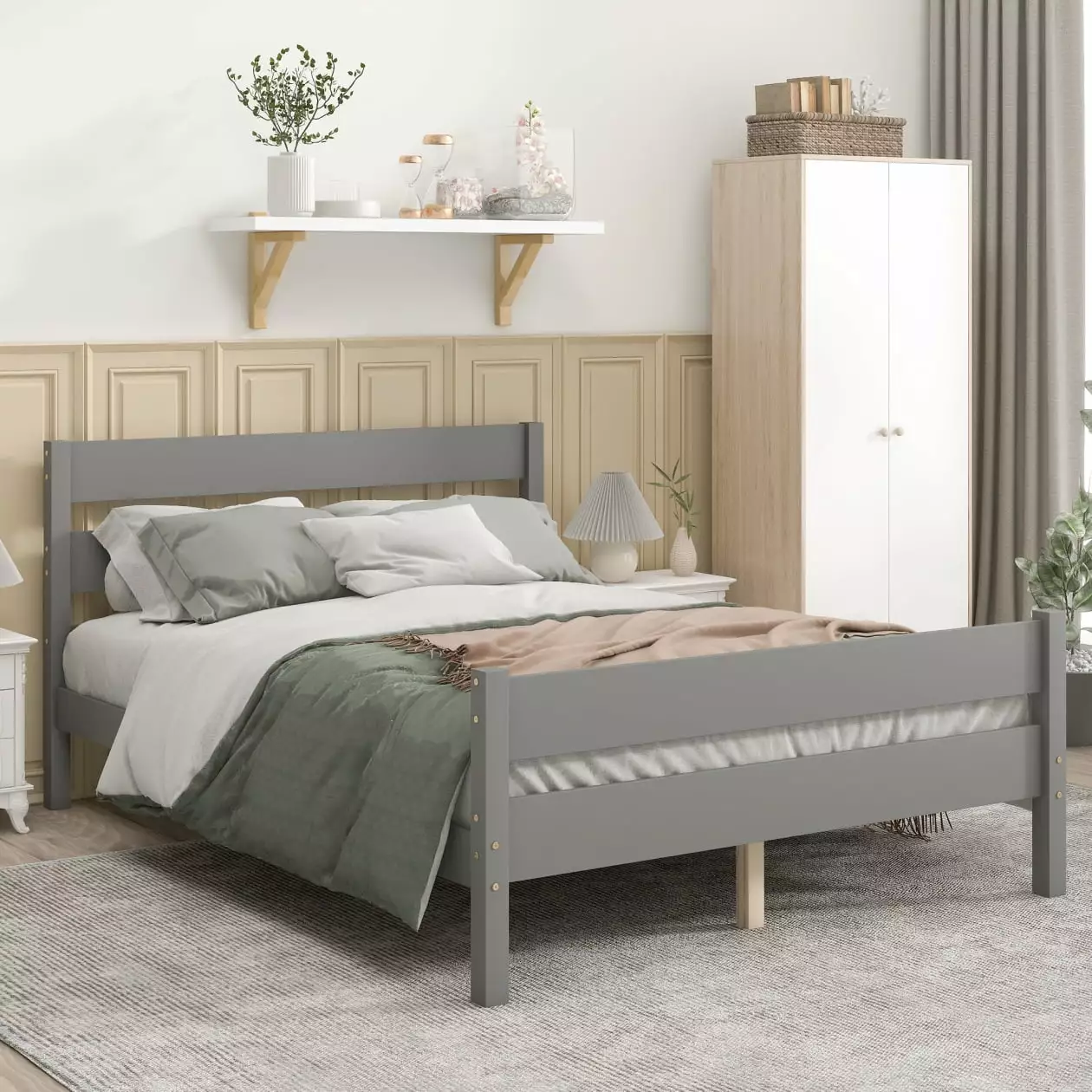 Full Bed Frame Solid Wood Platform Bed Headboard Footboard Under Bed Storage No Box Spring Needed Gray ARCTICSCORPION