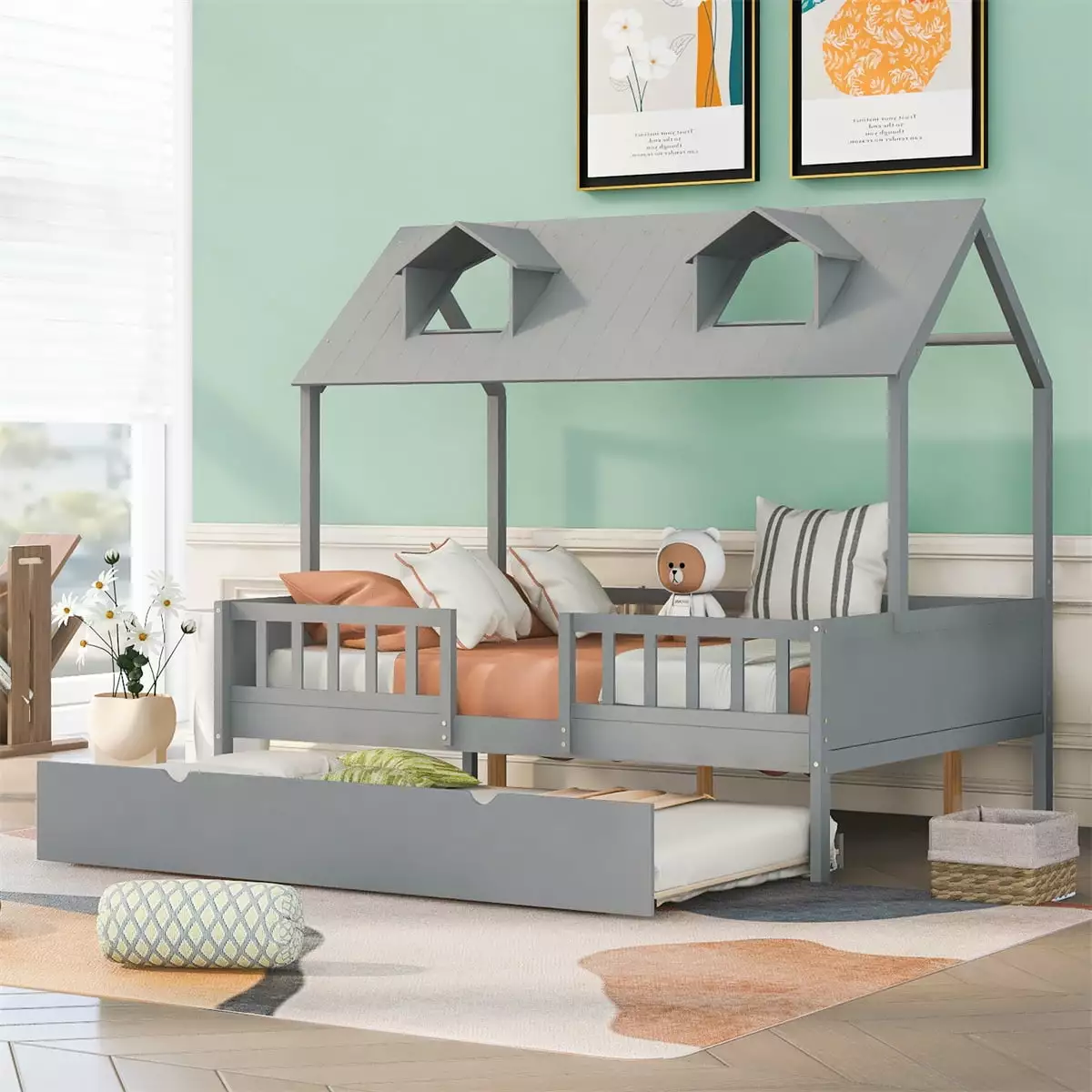 Houtilize Bed Trundle Full Size Wood Bed Twin Size Trundle Kids Teens Adults Platform Bed Frame Roof and Windows Can be De...