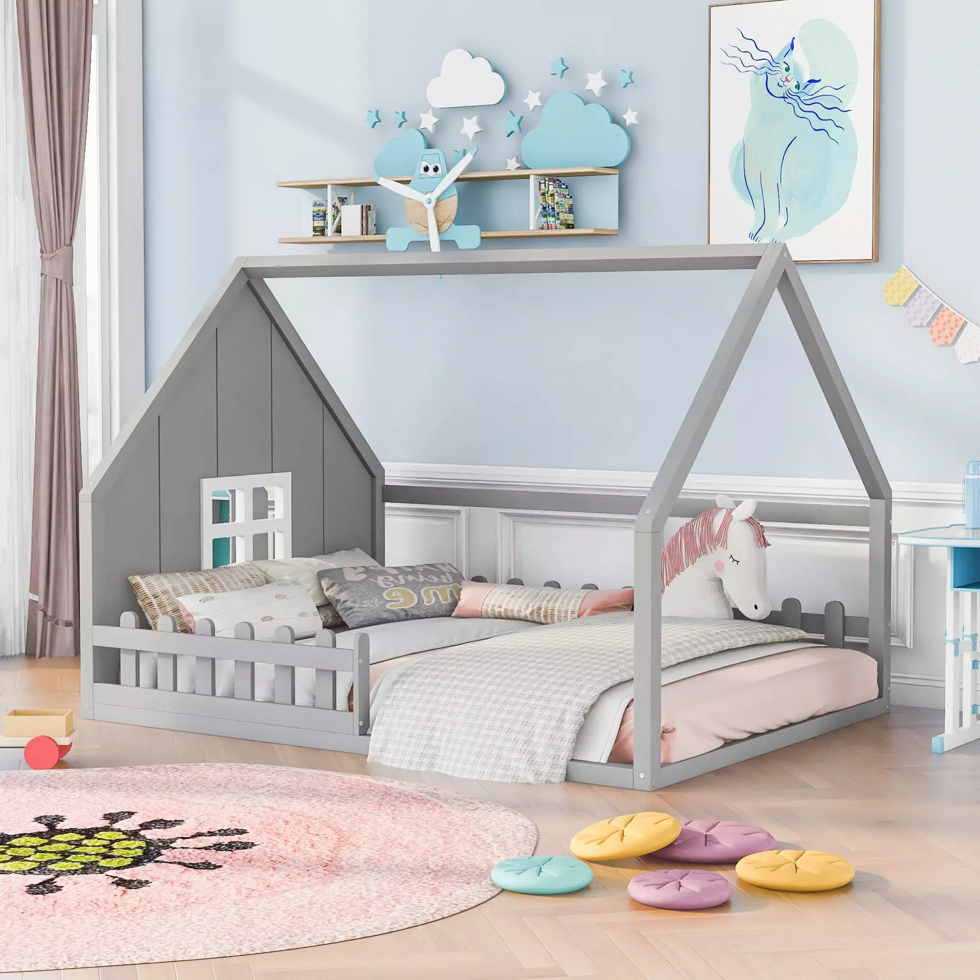Aukfa Floor Houtilize Bed Kids Wood Full Bed Fence Gray No Box Spring Needed