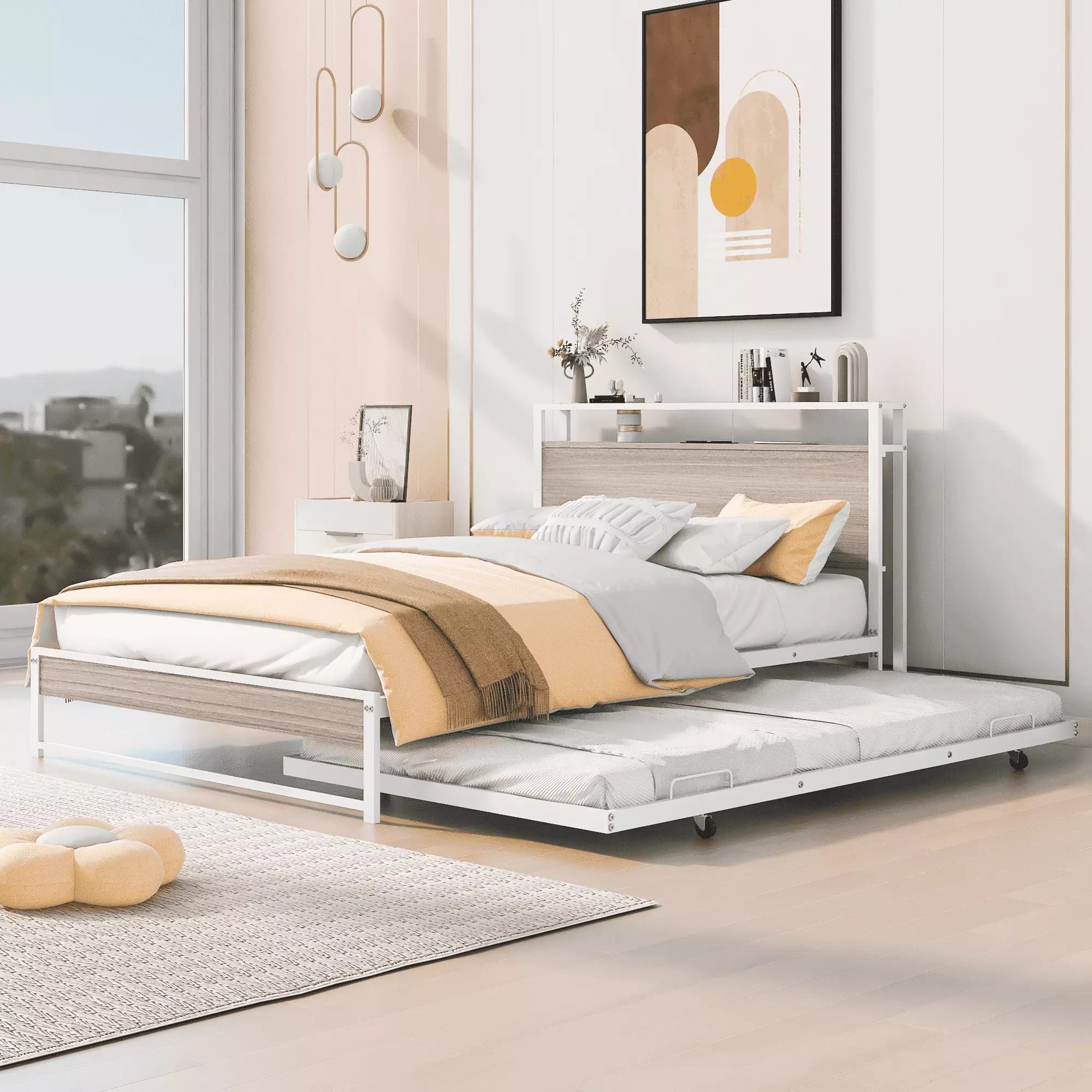 Bellemave Full Platform Bed Trundle and USB Ports Metal Bed Frame Wood Storage Headboard Kids Teens Adults White