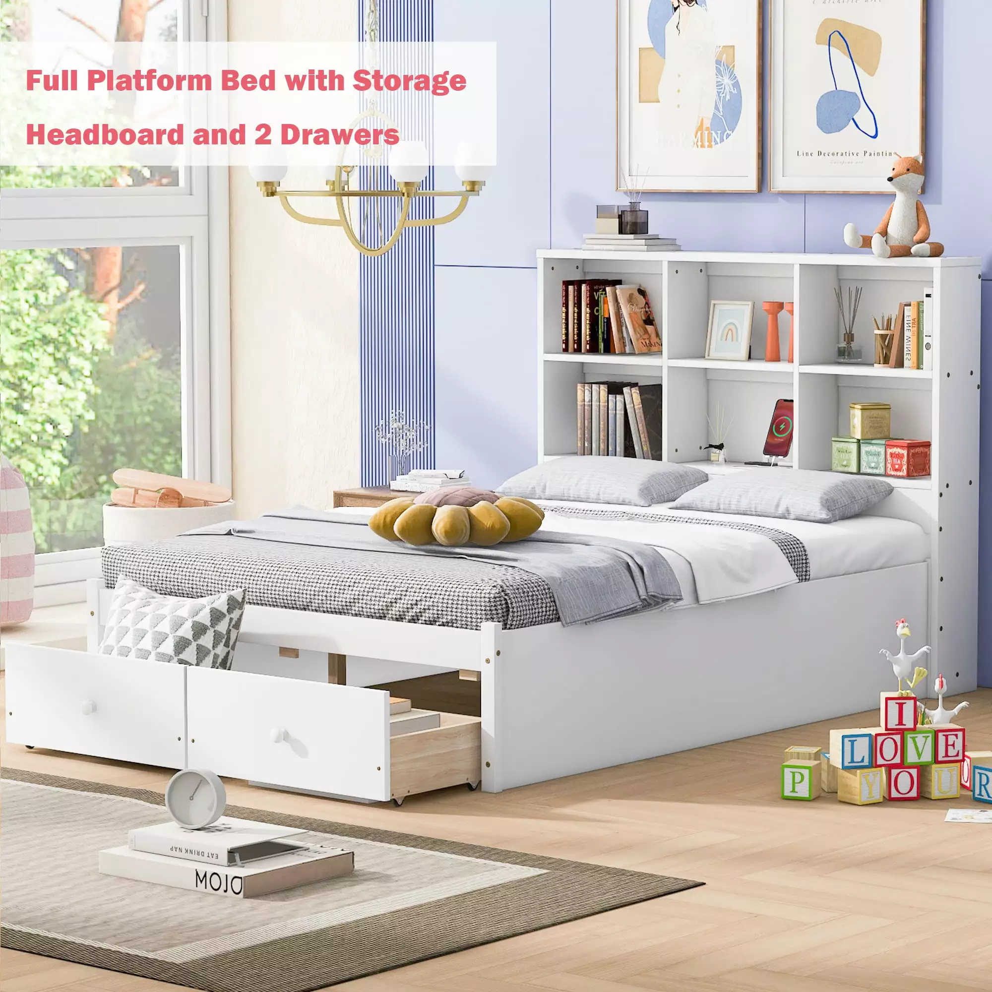 Bellemave Full Size Platform Bed 2 Drawers Storage Headboard USB Charging Port White