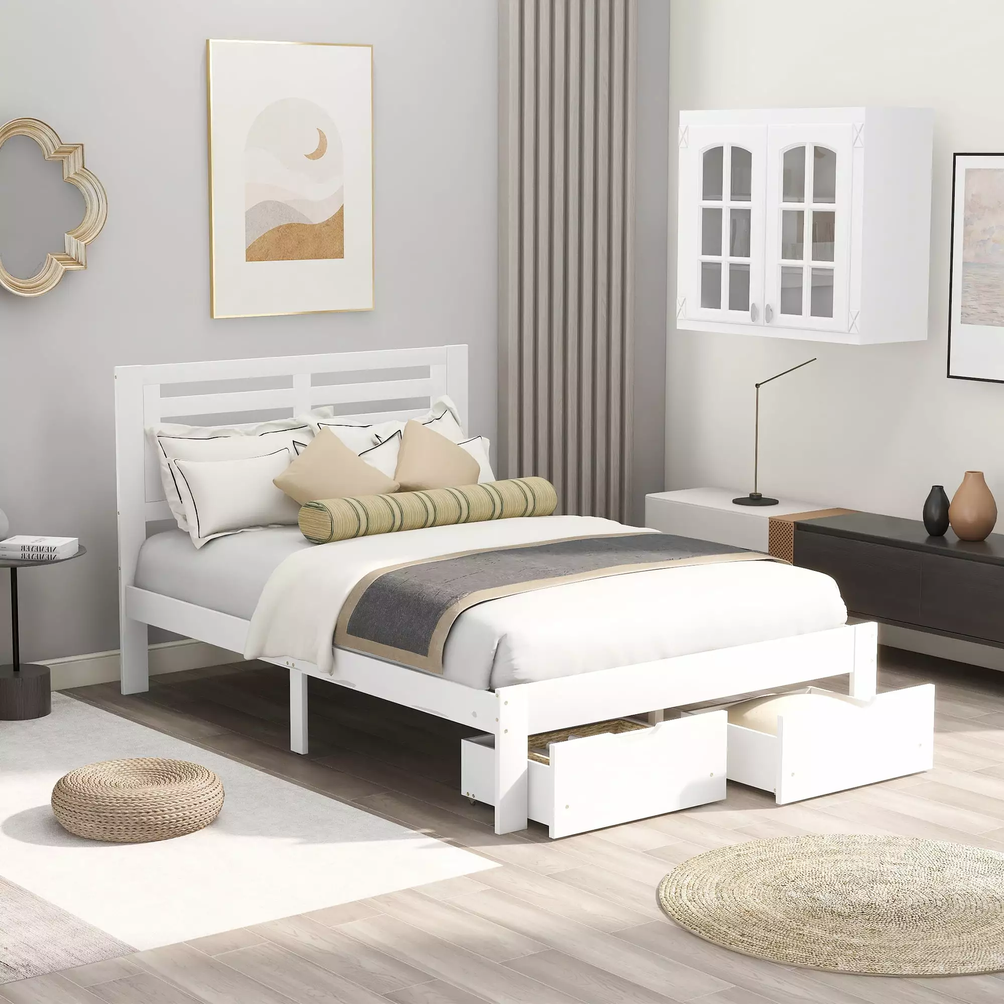 Bellemave 54 Full Size Wood Frame Platform Bed Storage Drawers Headboard and Wood Slats