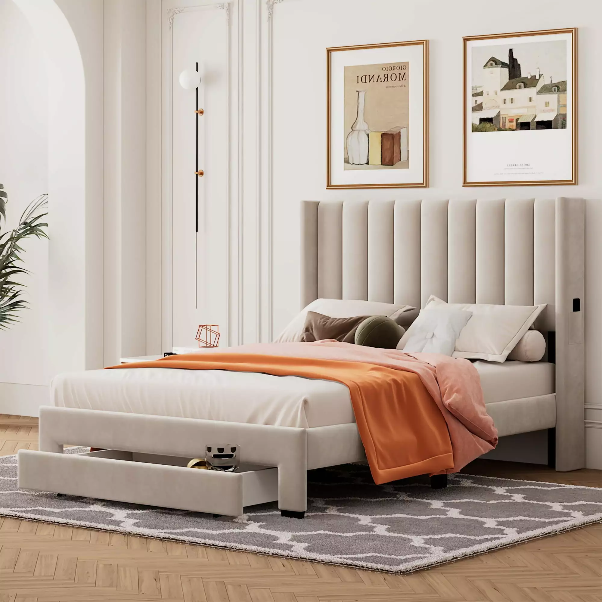 Bellemave Full Upholstered Platform Bed Tufted Headboard and Storage Drawer Wood Slats Support Kids Teens Adults Beige