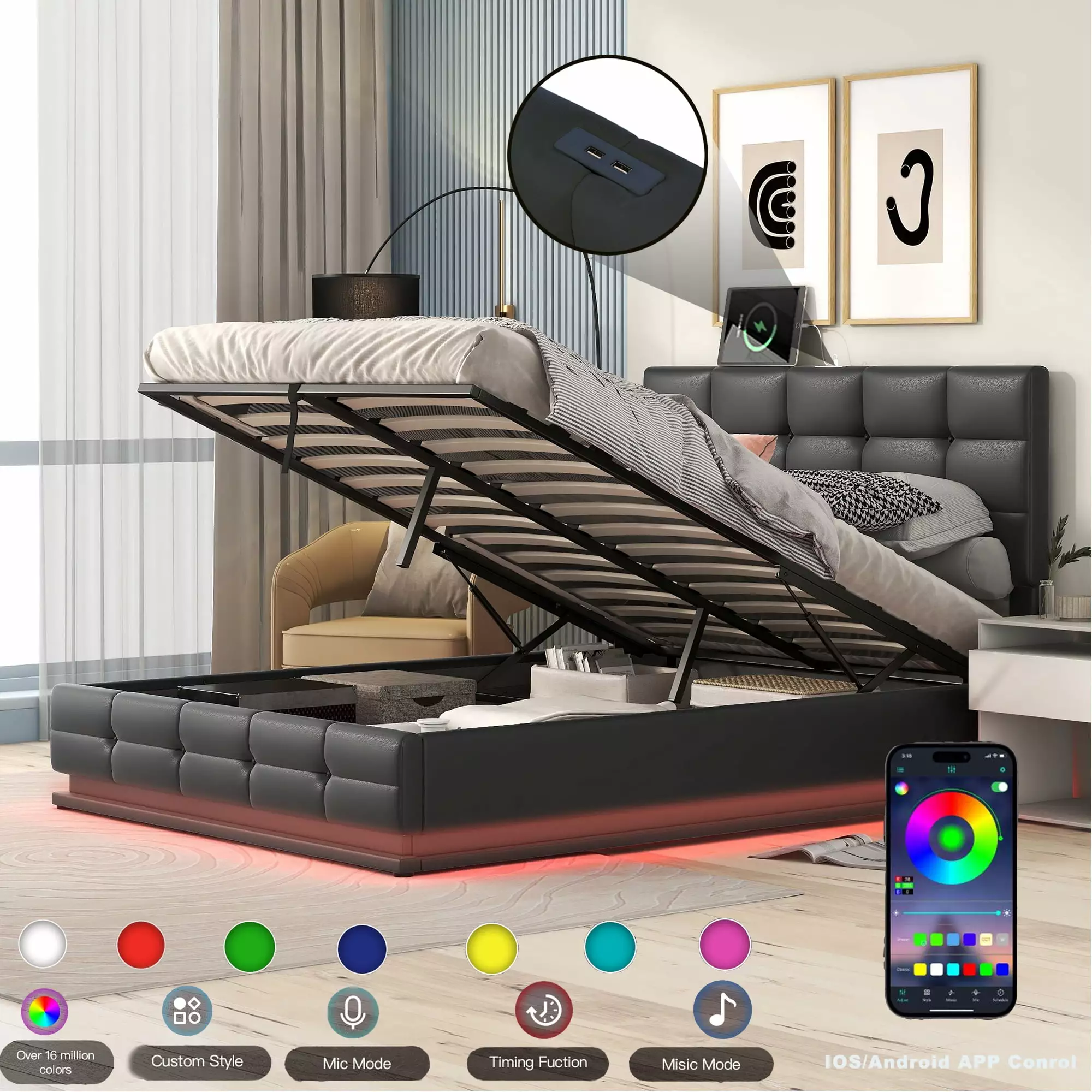Bellemave LED Full Size Bed Frame Lift Up Storage Upholstered Bed USB Charging Station Platform Bed Frame Black