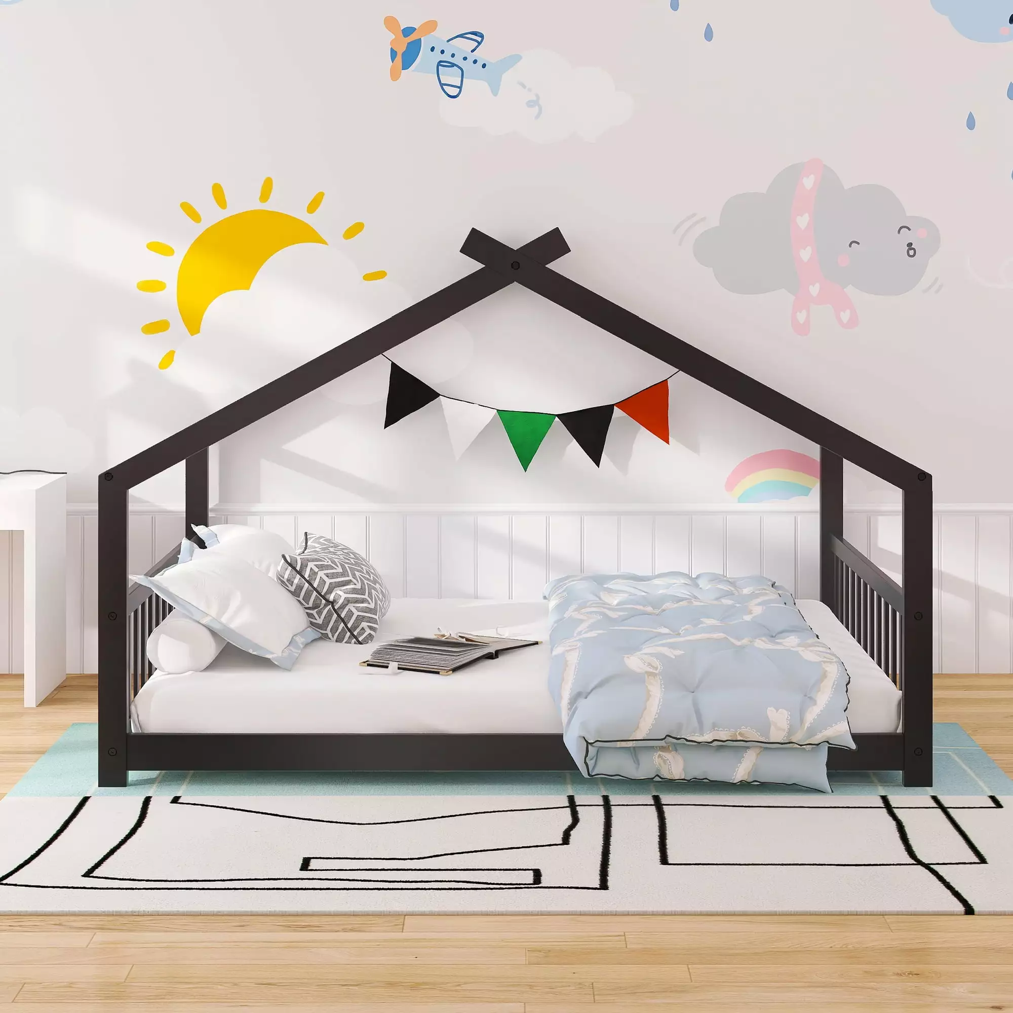 BTMWAY Full Size Wood Houtilize Bed Roof Upgraded Platform Bed Frame Headboard Footboard No Box Spring Needed Floor Bed Ki...