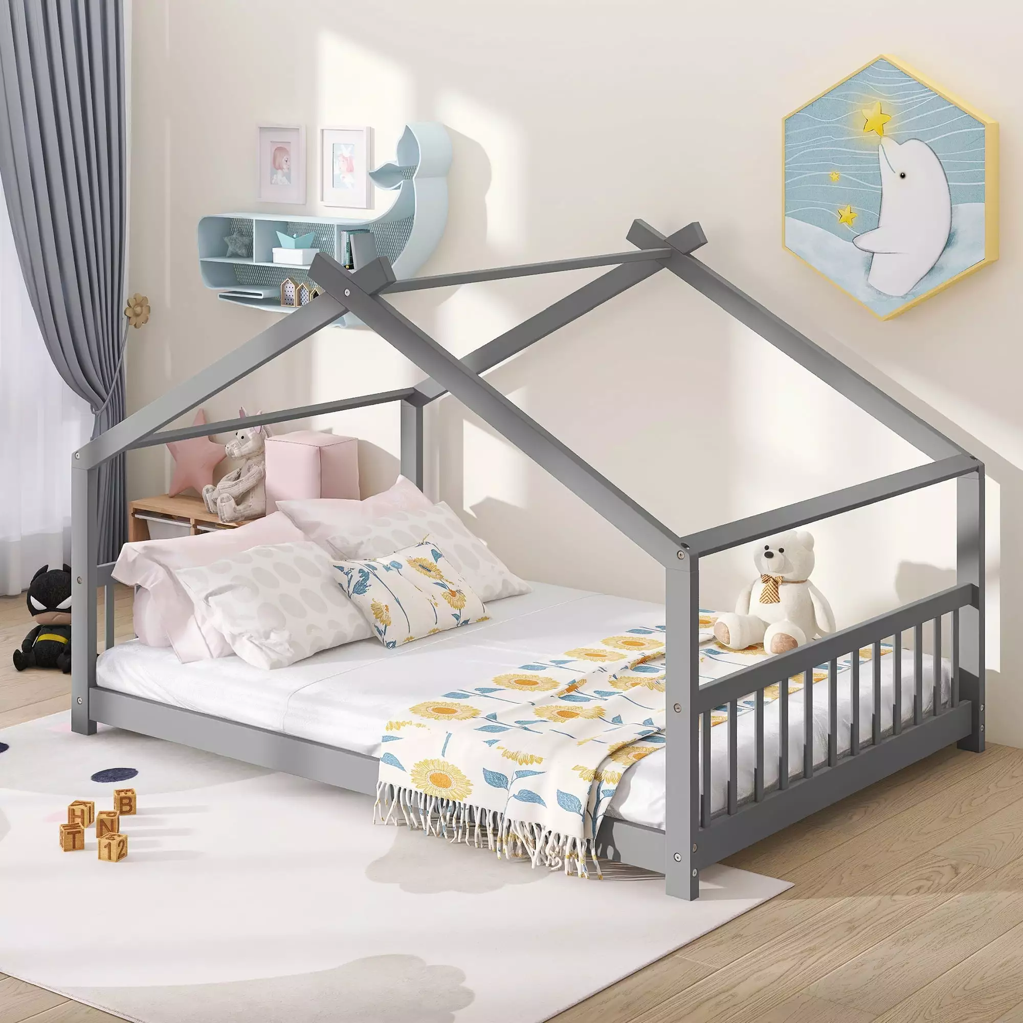 Full Size Houtilize Bed BTMWAY Wood Bed Frame Roof Platform Bed Headboard Footboard Modern Floor Bed Toddler Kids Boys Gir...