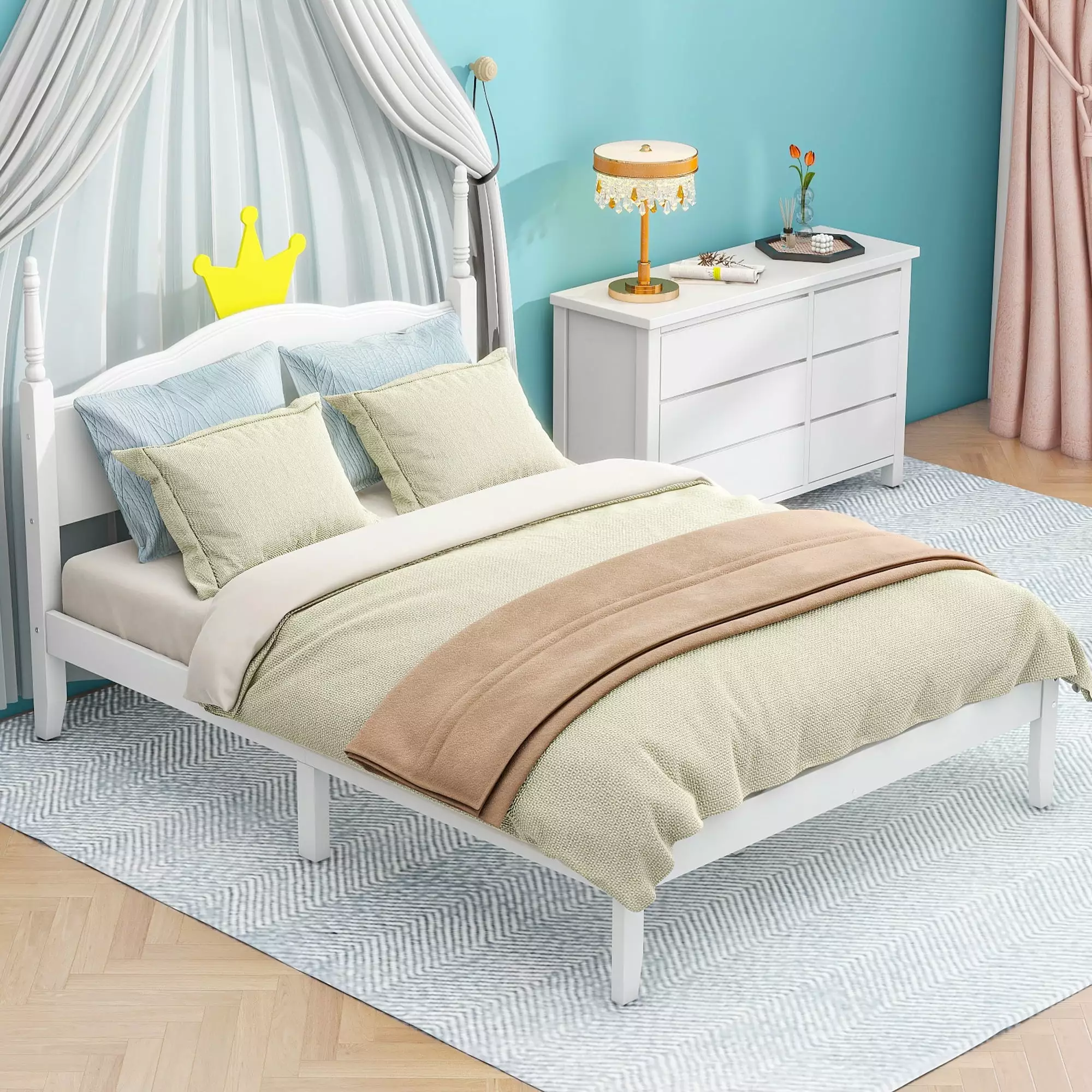 Euroco Wood Full Size Platform Bed Crown Kids Teens Adults White