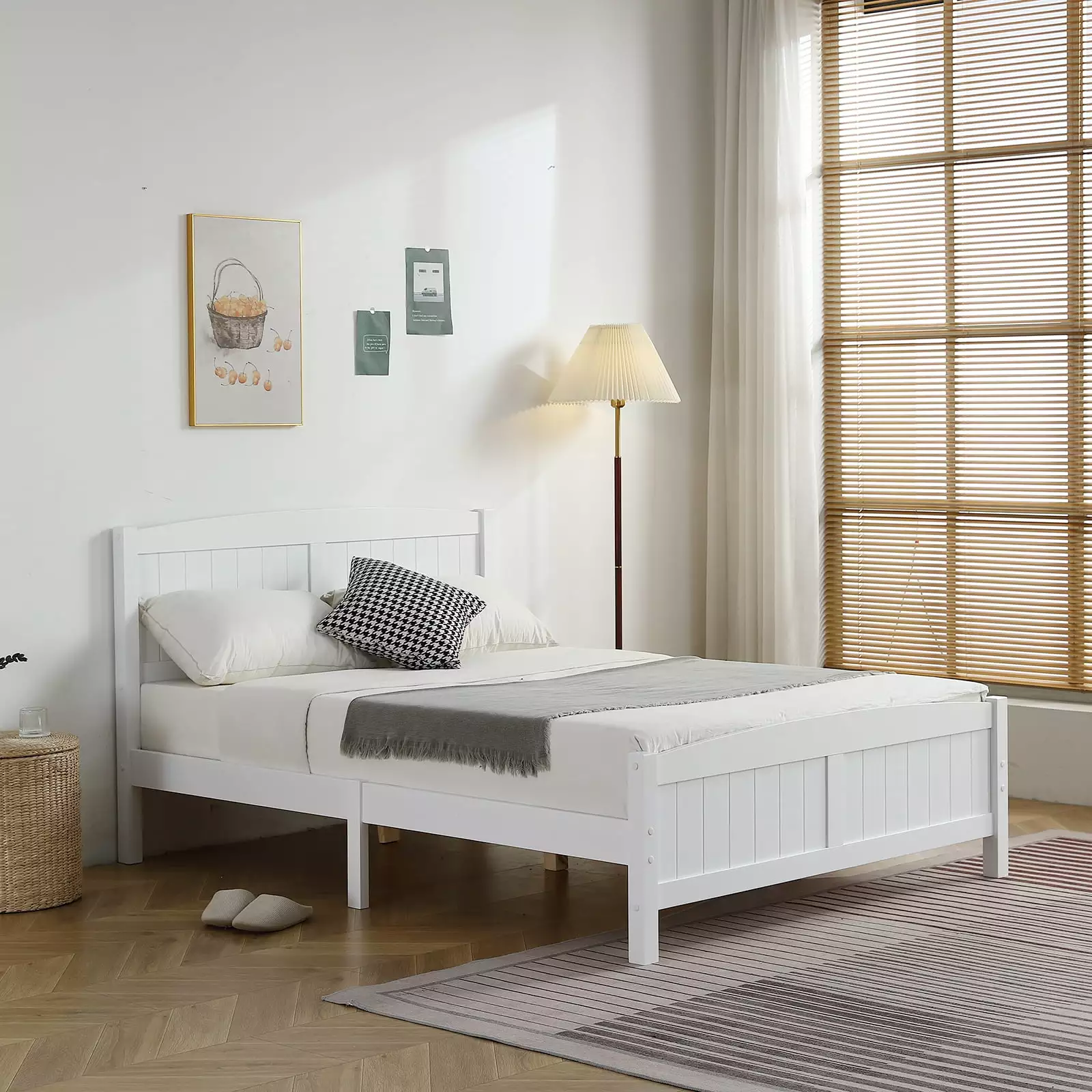 EasingRoom Full Bed Frame Wood Platform Bed Hardwood Slats Kids Adults White FCH