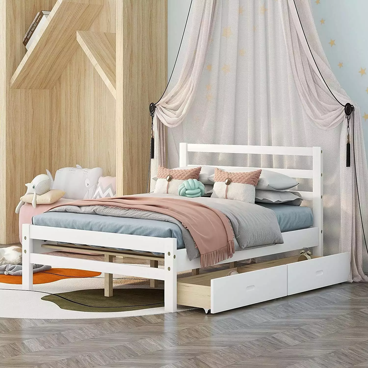 Homata Full Bed Frame Drawers Kids Platform Full Bed Frame Storage Solid Wood