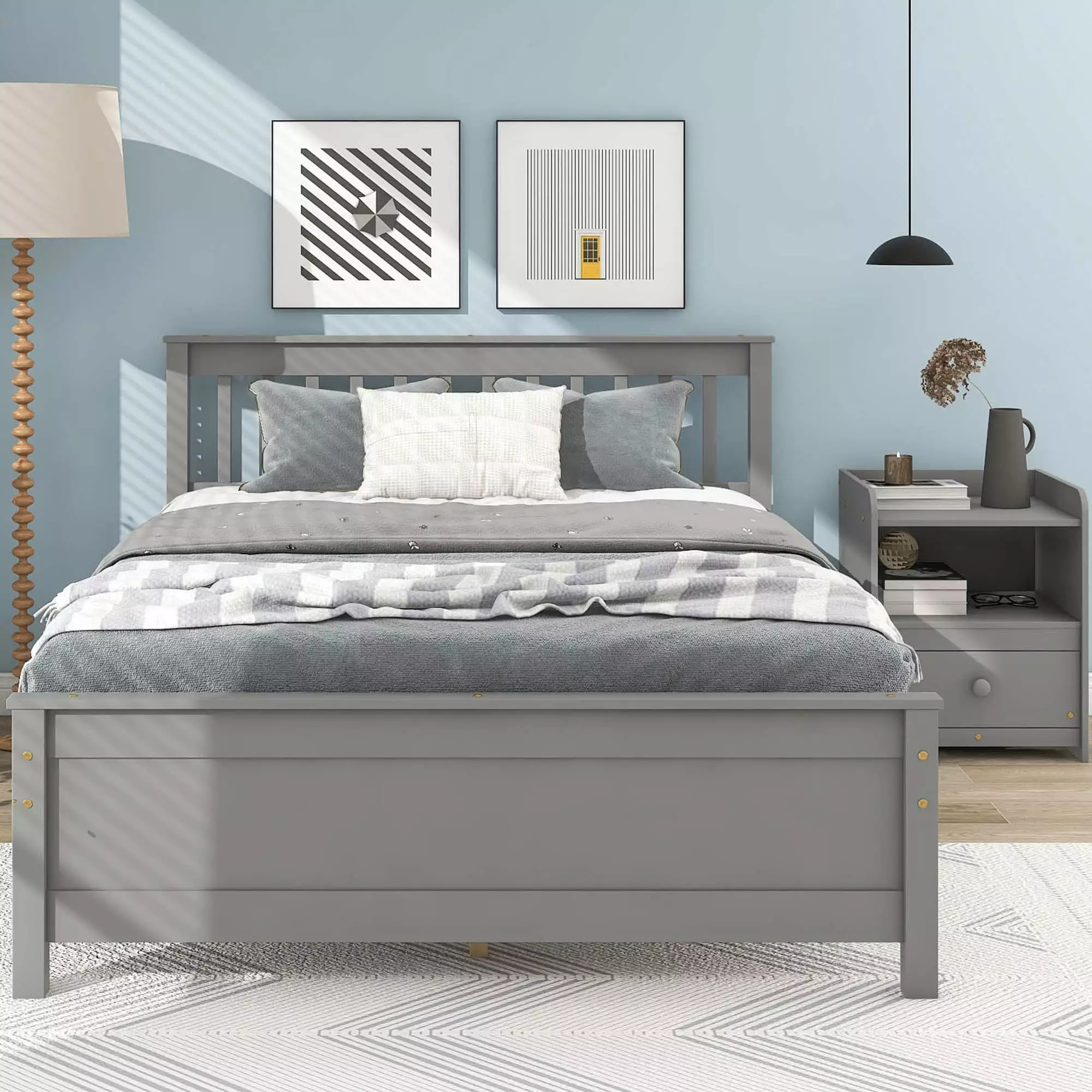 2 Piece Full Size Platform Bed Frame Set Nightstand Headboard and Footboard Modern Wood Bedside Table Drawer Storage Gray ...