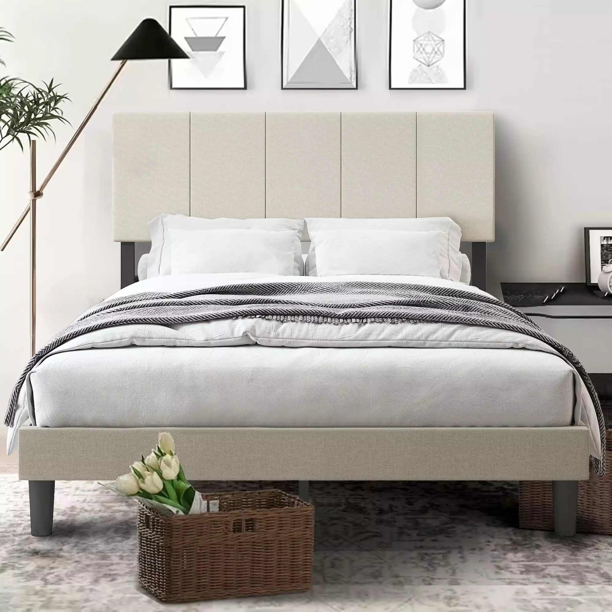 LegaHome Upholstered Full Bed Frame Striped Headboard - No Box Spring Needed - Modern Platform Bed Kids Teens Adults - 500...