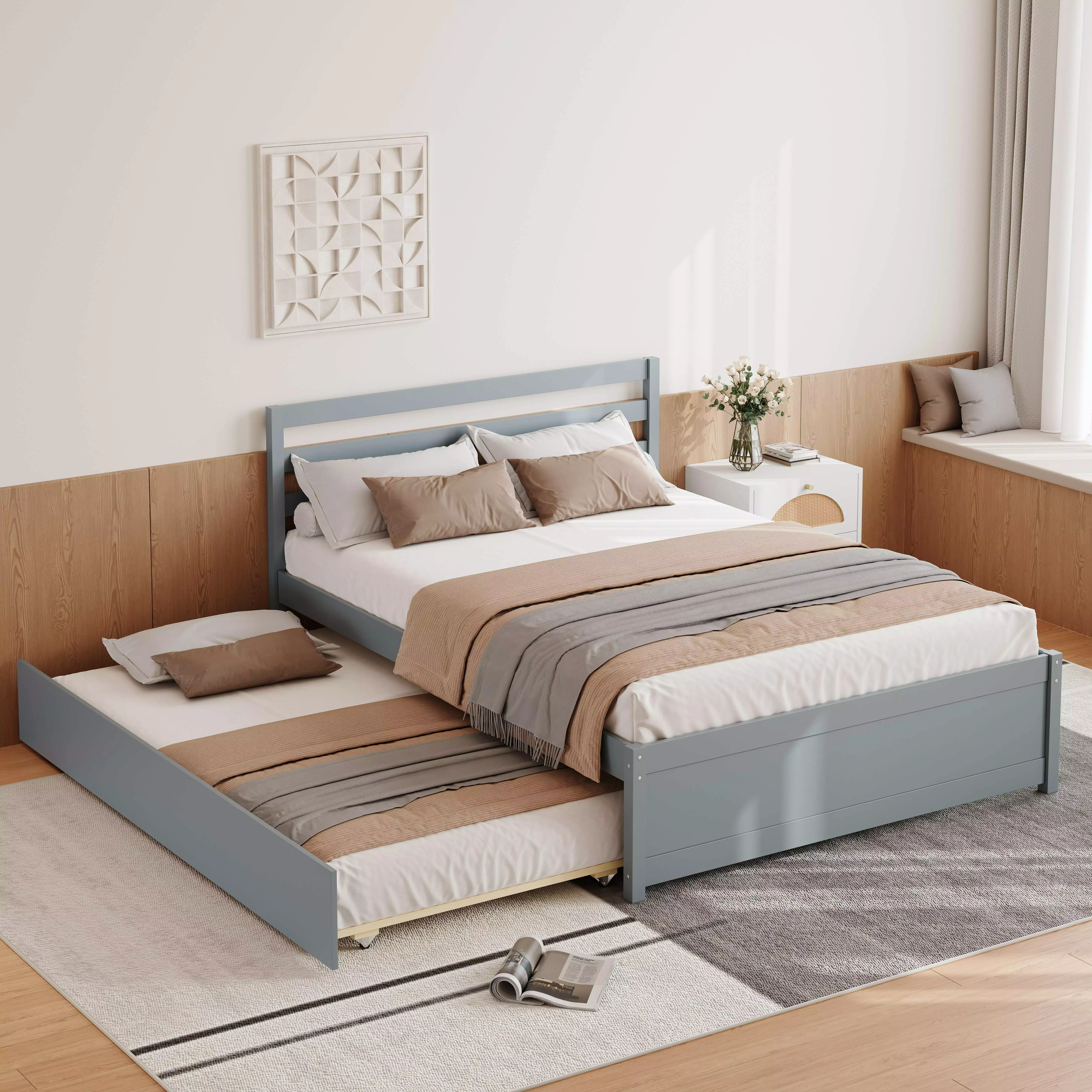 New Upgraded Full Size Solid Wood Bed Frame Headboard and Trundle Gray Space Saving Platform Bed Kids Teens Adults LegaHome