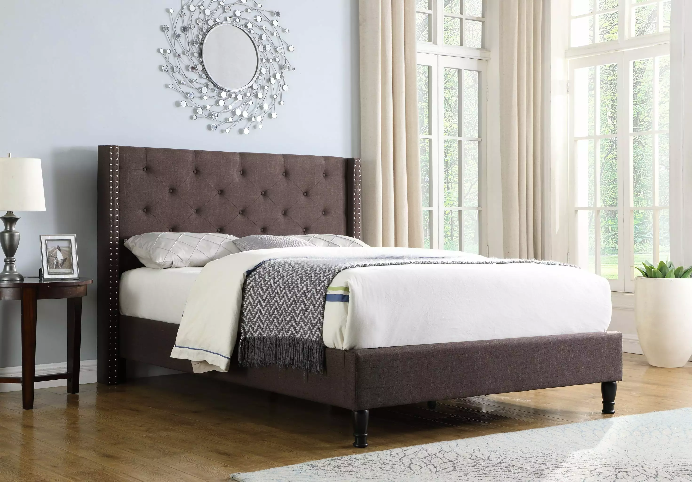 Full Size Upholstered Platform Bed Frame 51 Tall Headboard Button Tufted Cloth Bed Wood Slat Support Storage Space Brown O...