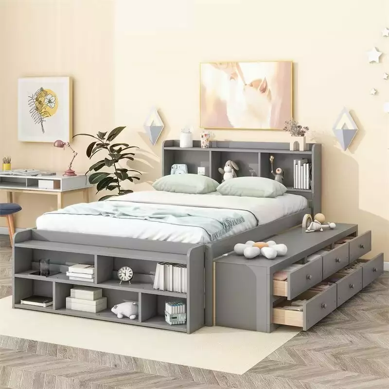 Full Bed Bookcase Headboard Wooden Platform Bed Under Bed Storage Drawers and Bed End Storage Case Kids Teens Adults No Bo...
