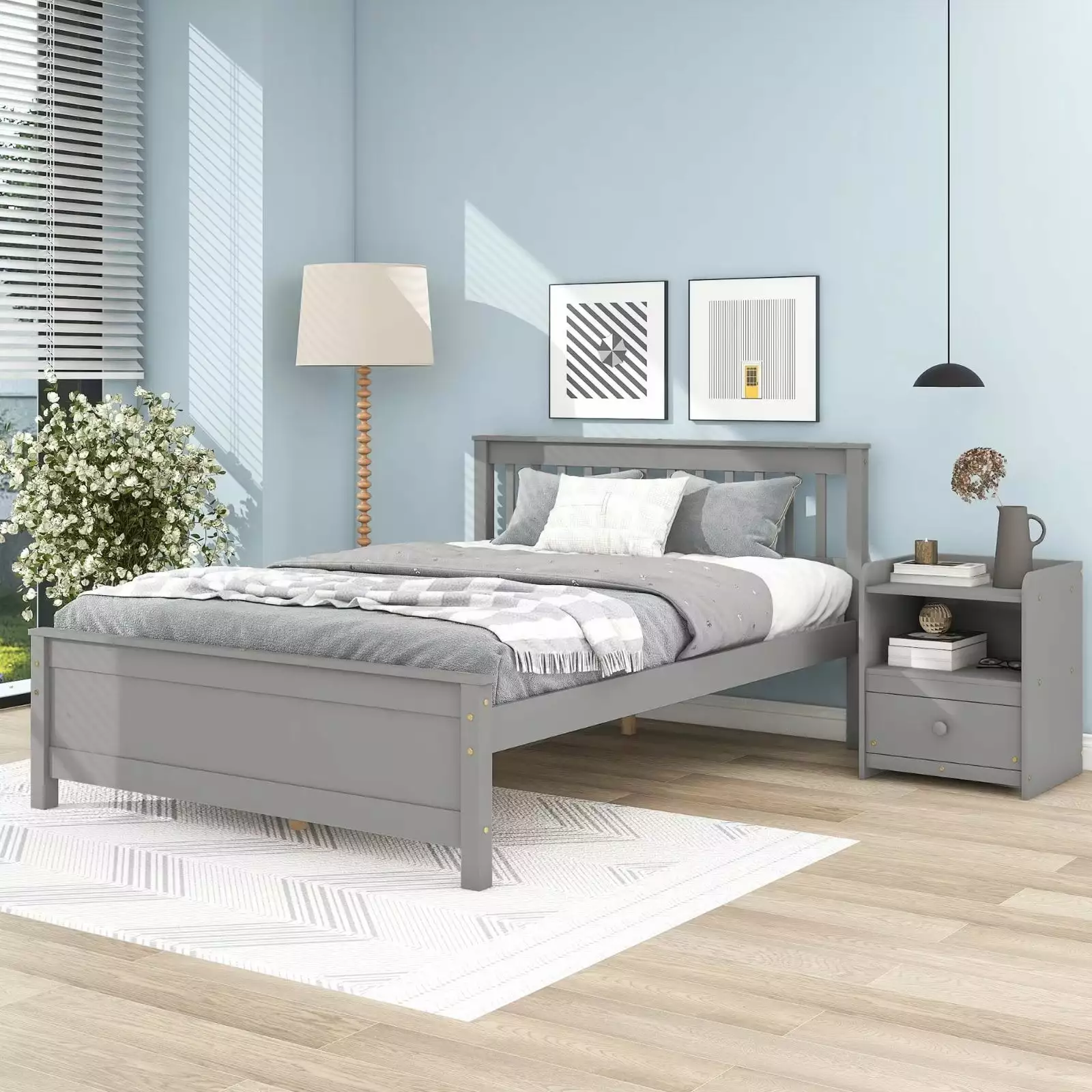 Full Size Platform Bed Nightstand Solid Wood Frame Headboard and Footboard Gray Triple Tree