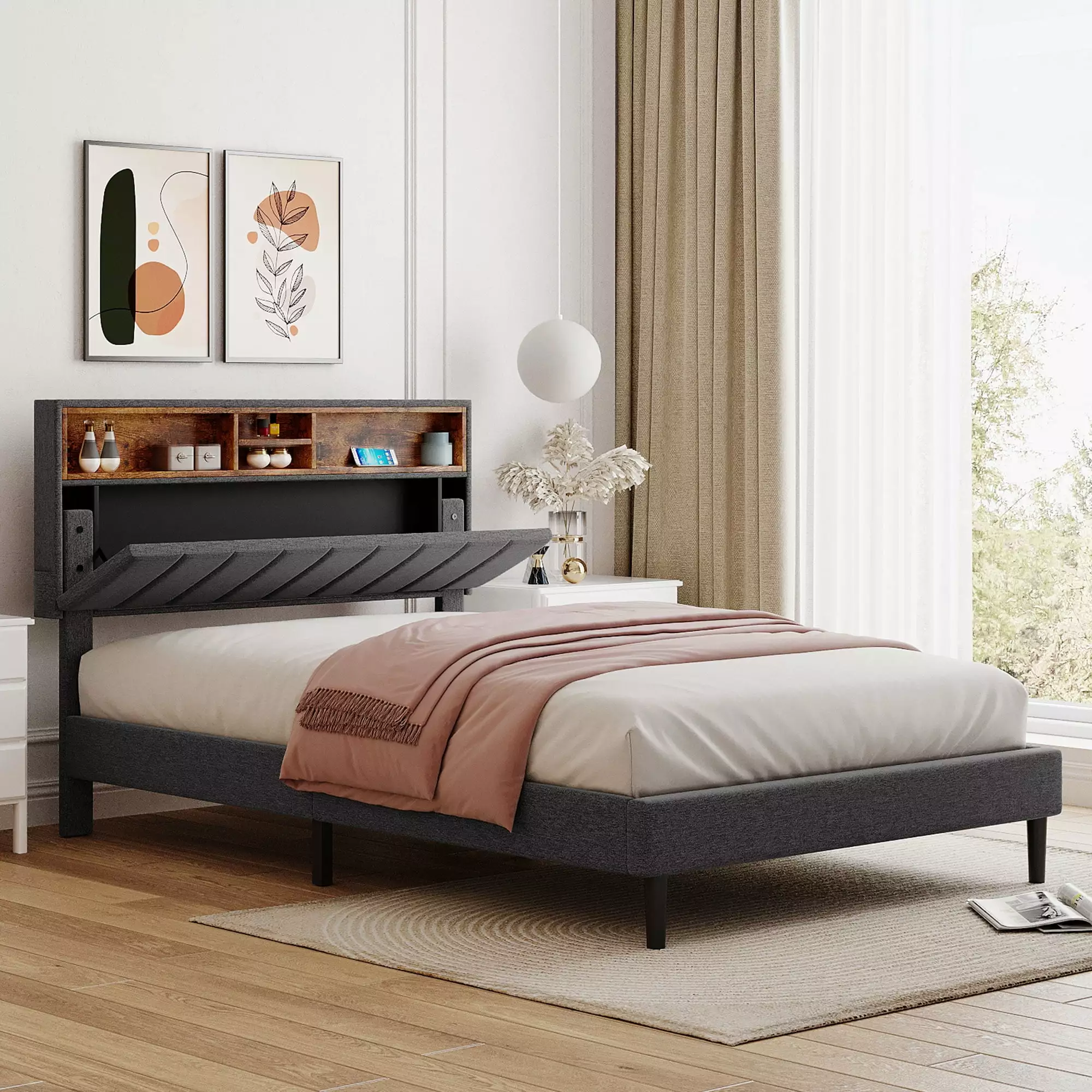 Gray Upholstered Platform Bed Frame Full Size Storage Bed Upholstered Headboard Storage Case Heavy Duty Wood Slats No Box ...