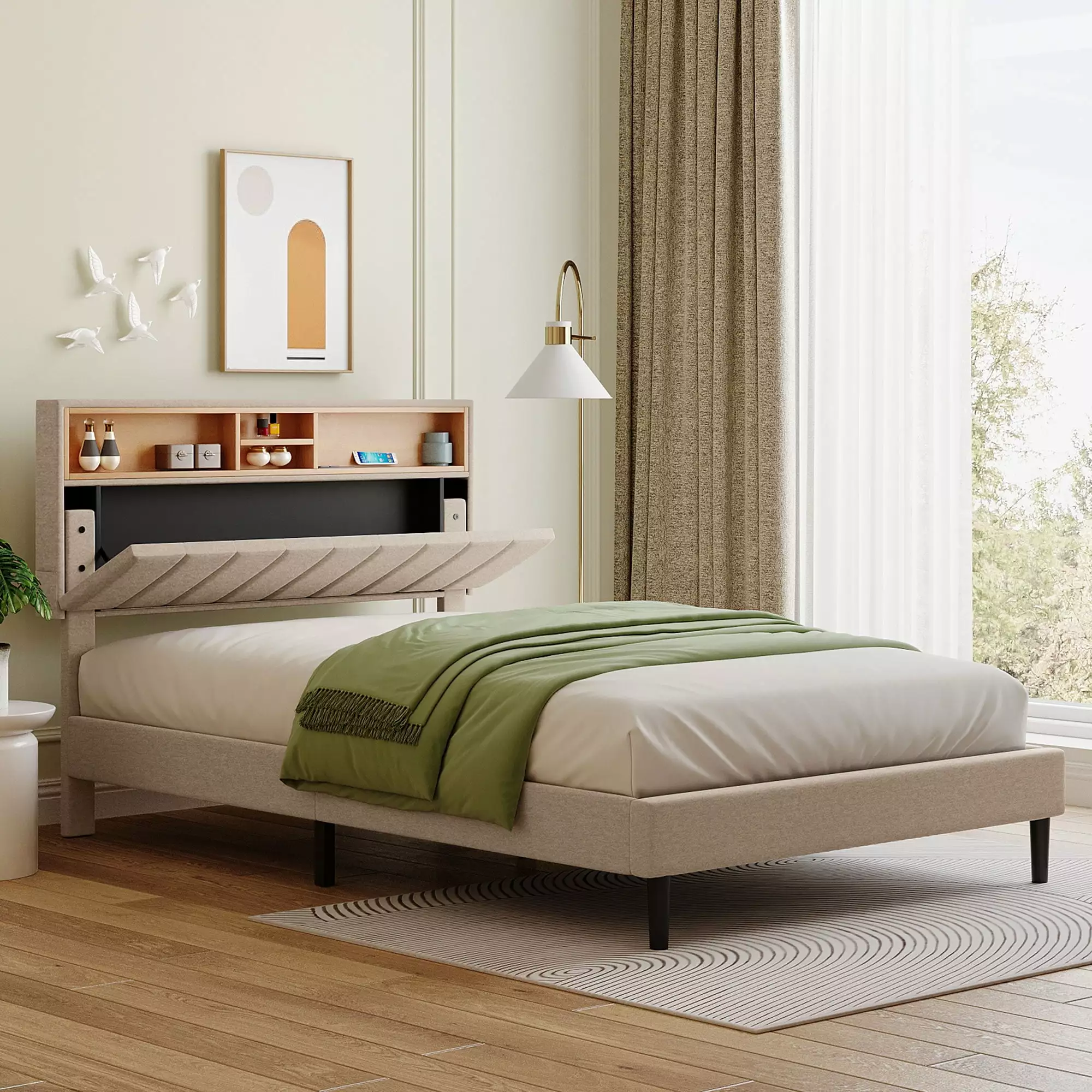 uhomepro Upholstered Platform Full Bed Frame Storage Headboard USB Port Wood Slats Linen Fabric No Box Spring Beige