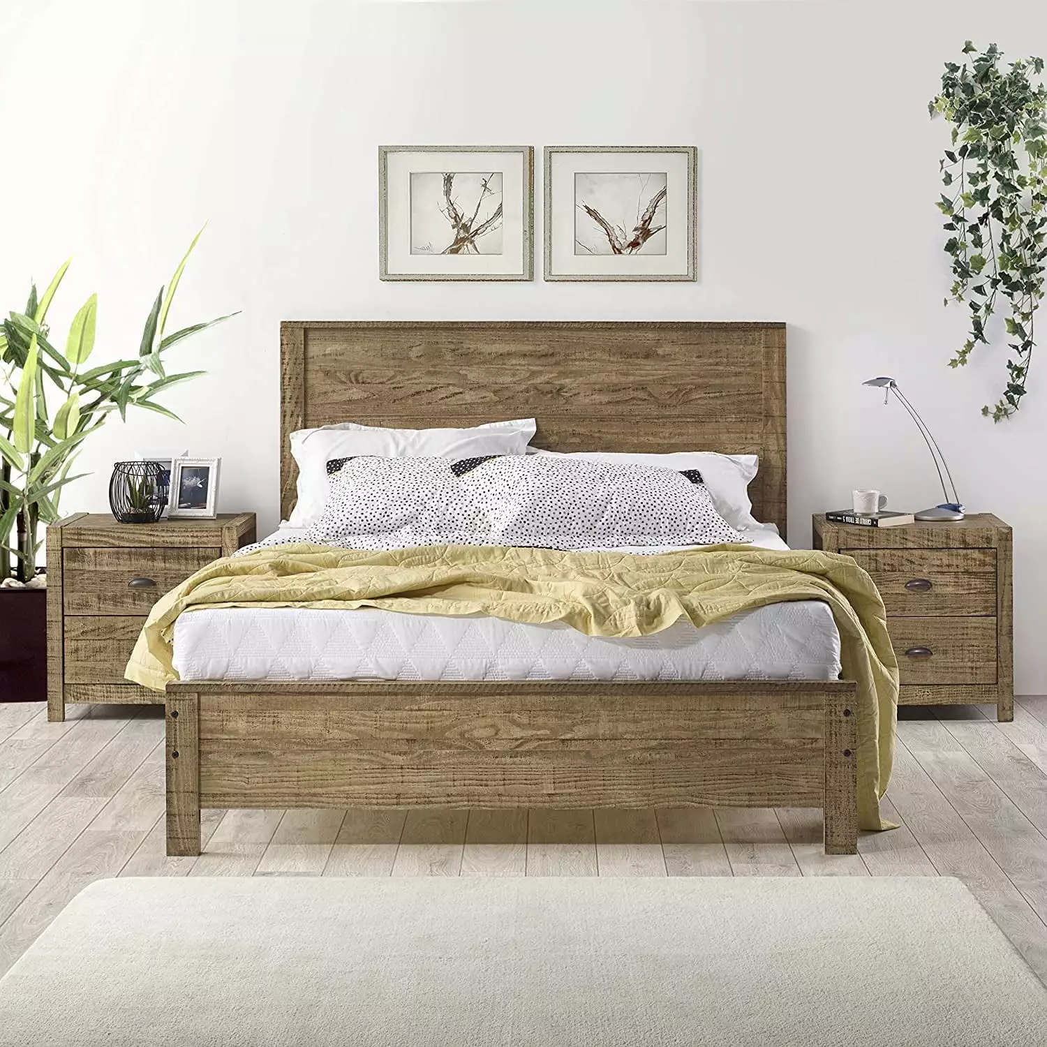 Yes4wood Solid Wood Full Bed Frame Headboard Heavy Duty Modern Rustic Full Size Bed