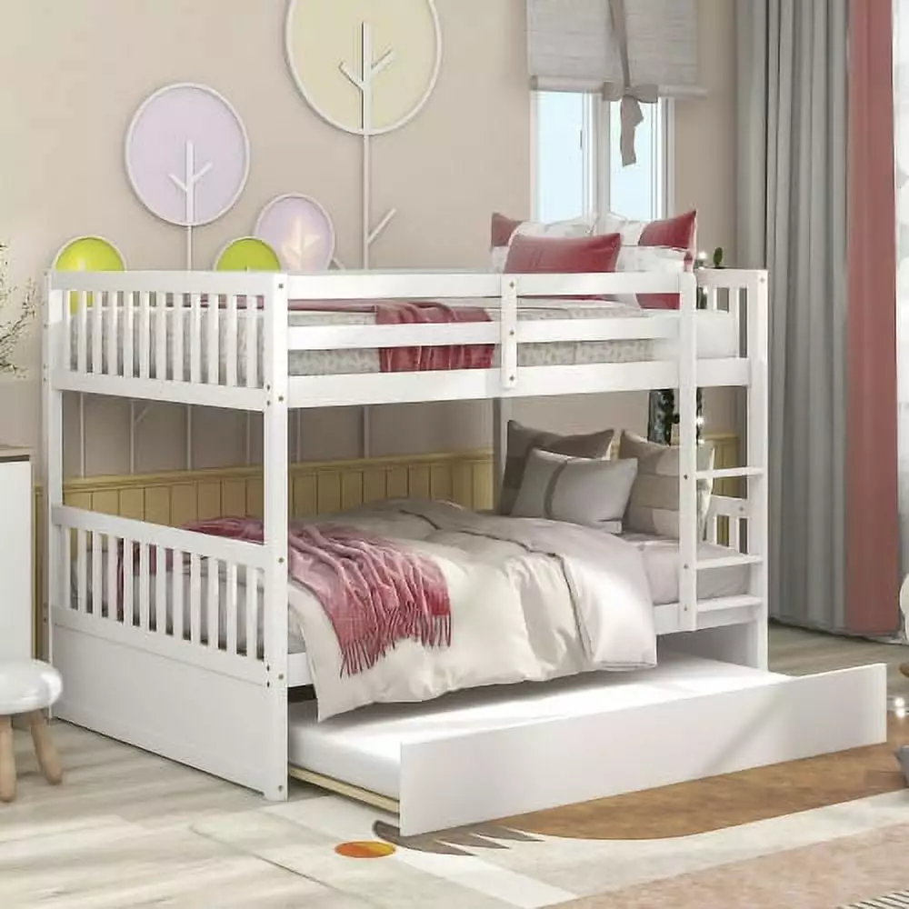 Full Over Full Bunk Bed Trundle Convertible to 2 Full Size Platform Beds Solid Wood Ladder and Safety Rails ARCTICSCORPION