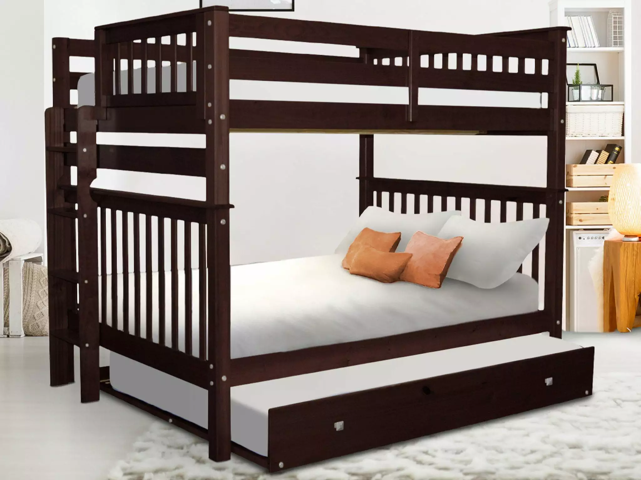 Bedz King Bunk Beds Full over Full Mission Style End Ladder and Full Trundle Dark Cherry