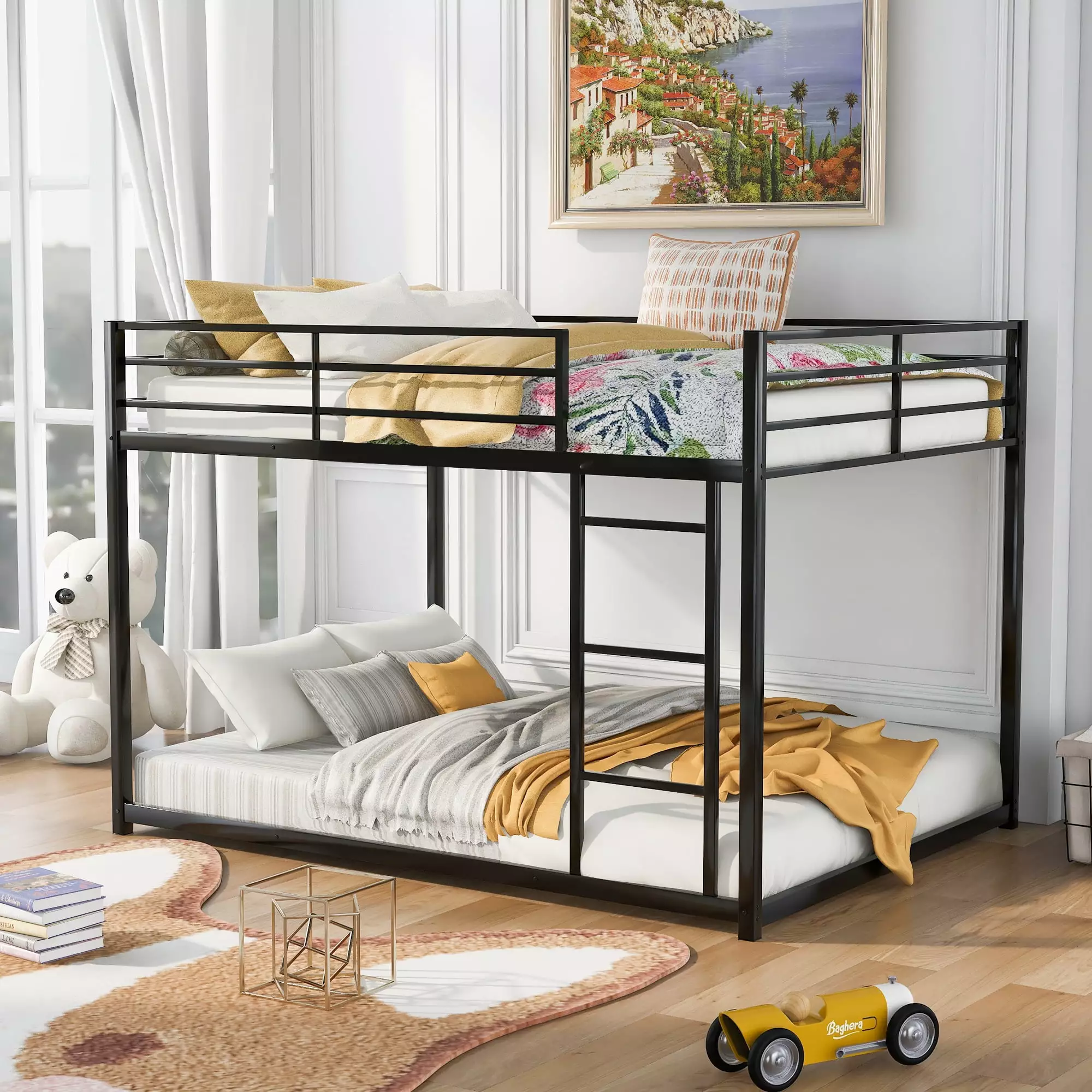 Euroco Metal Full over Full Size Bunk Bed Black Low Profile Bunk Ladder and Guardrails Space Saving Steel Bed Frame