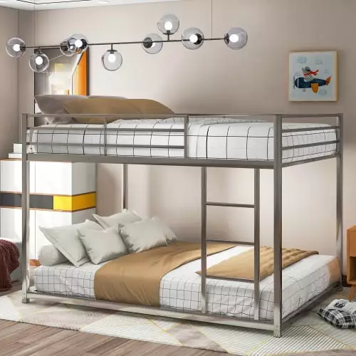Full Over Full Metal Heavy Duty Low Bunk Bed Guard Rails and Ladder Silver INCLAKE