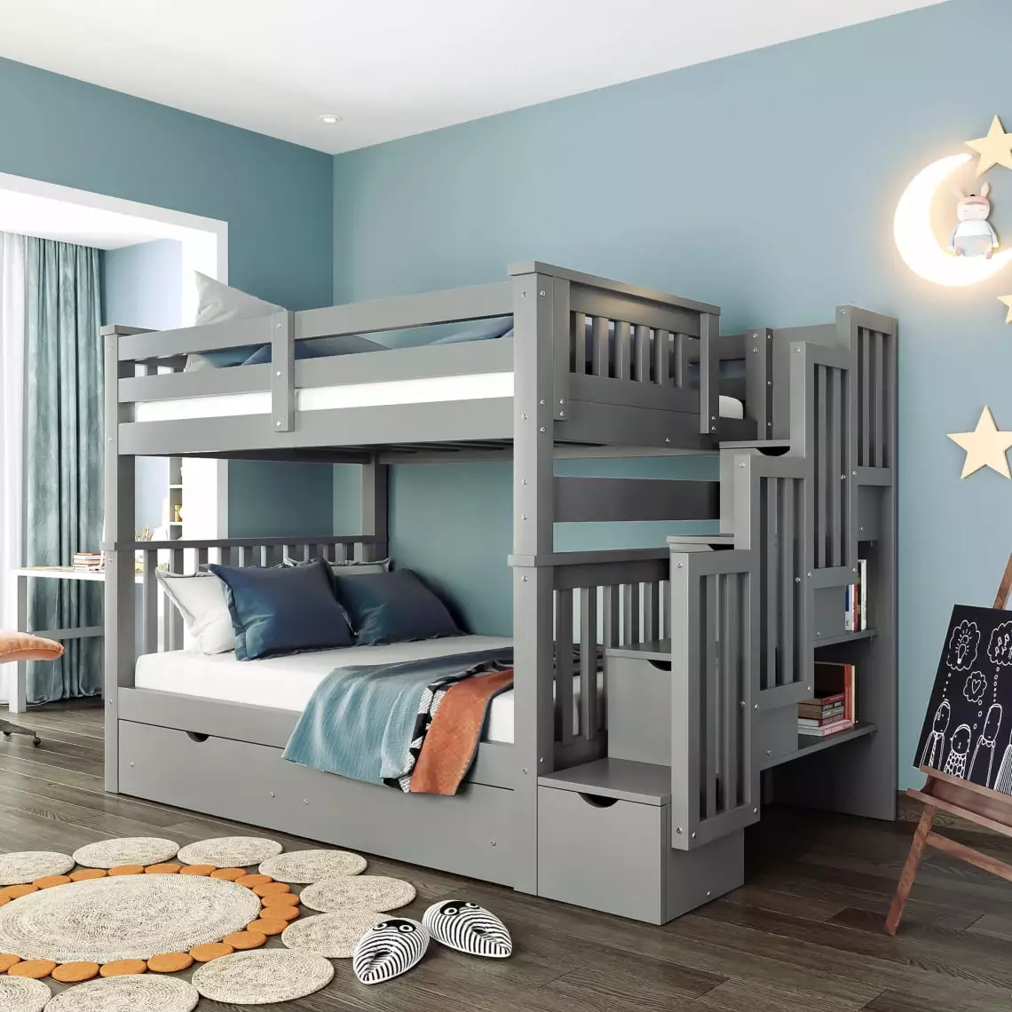 Convertible Bunk Beds Storage Full over Full Wooden Bunk Bed Frame 6 Drawers and 2 Tier Open Storage Shelves Grey Triple Tree