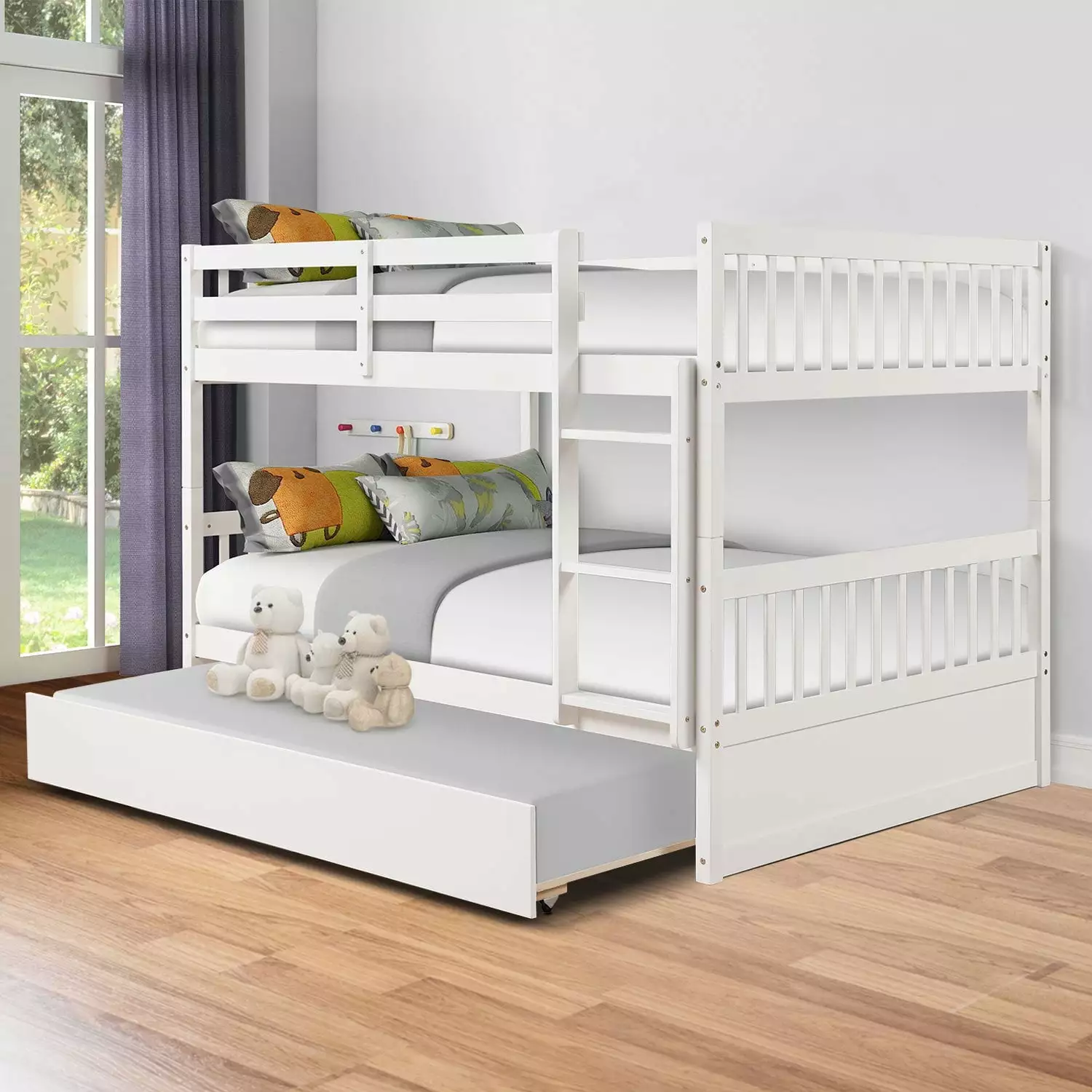 Full Over Full Bunk Bed Trundle Convertible to 2 Platform Beds Wood Bunkbed Guard Rail White Triple Tree