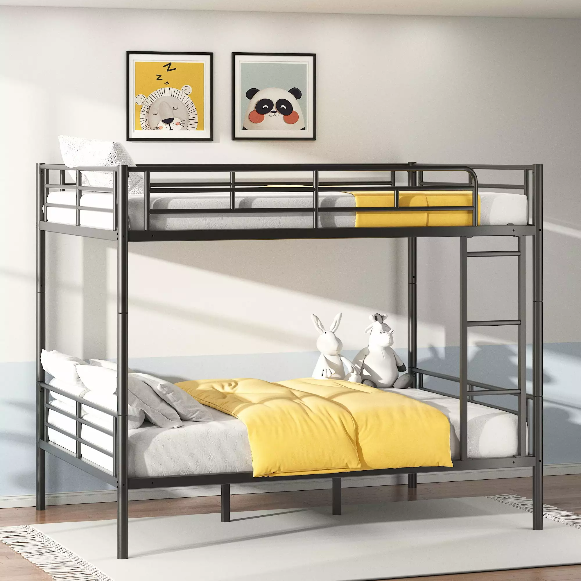uhomepro Full Over Full Bunk Bed Metal Frame and Ladder Convertible to 2 Full Beds Black