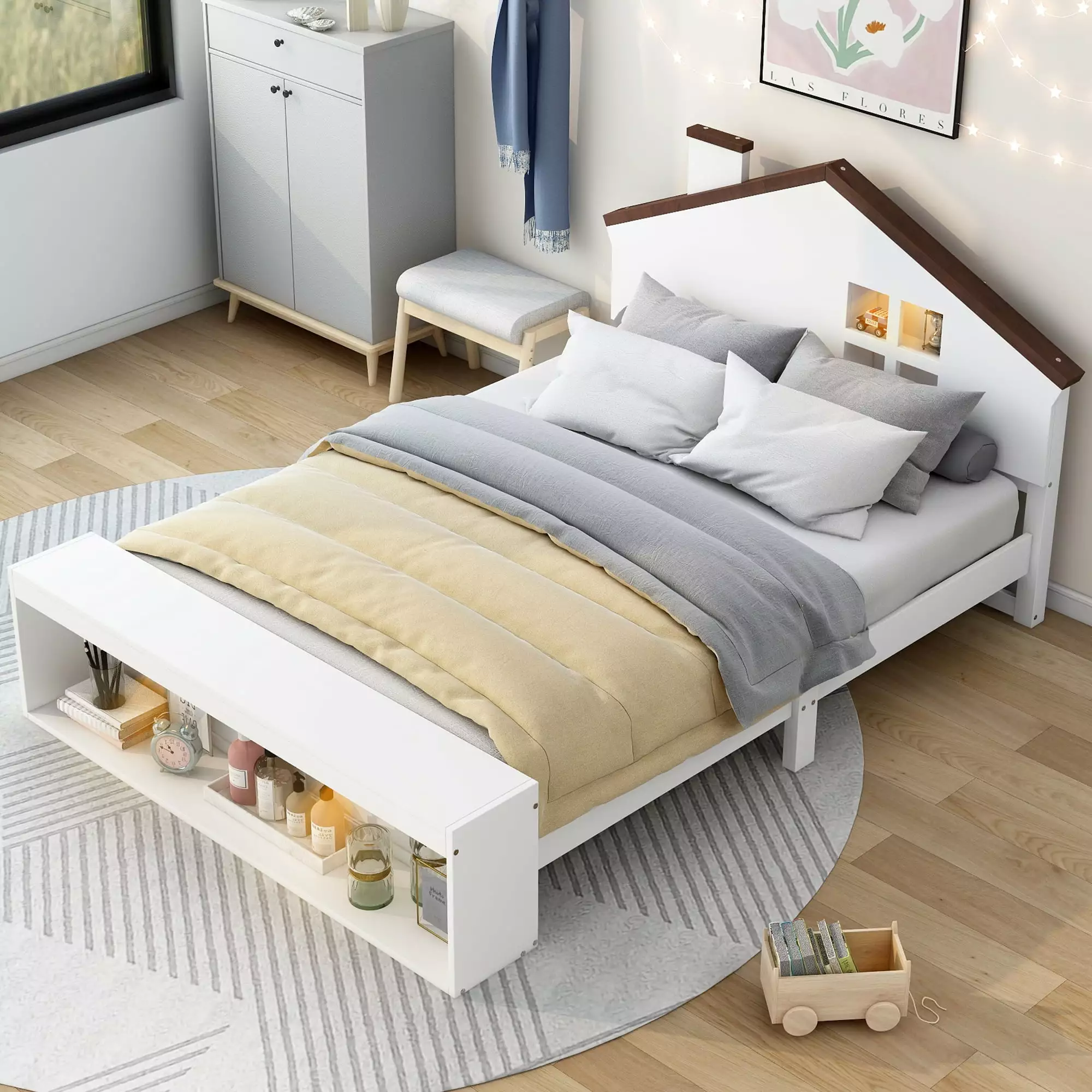 Bellemave Full Bed LED Lights and Storage Wood Platform Bed Houtilize Headboard White