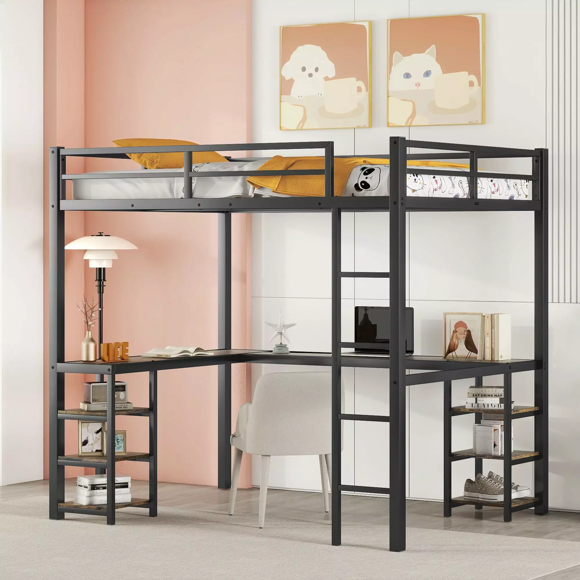 Bellemave Full Loft Bed L-shaped Desk and Storage Shelves Full Size Metal Loft Bed Frame Kids Students Teens Black