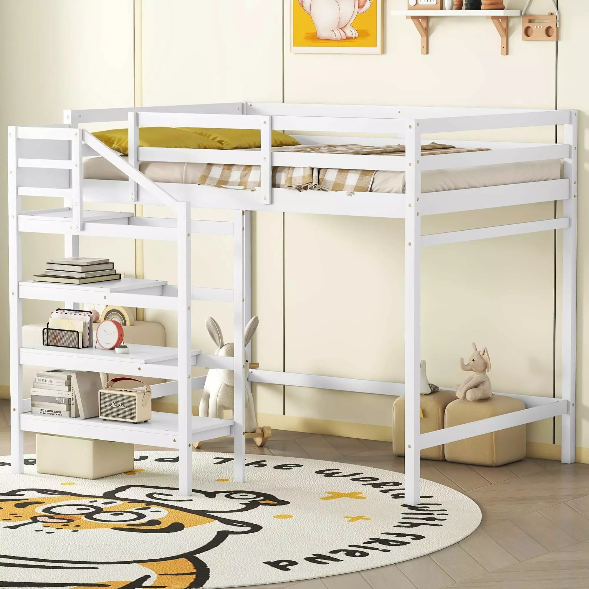 Bellemave Full Size Loft Bed Stairs - Solid Wood High Loft Bed Frame Kids Teens Adults White