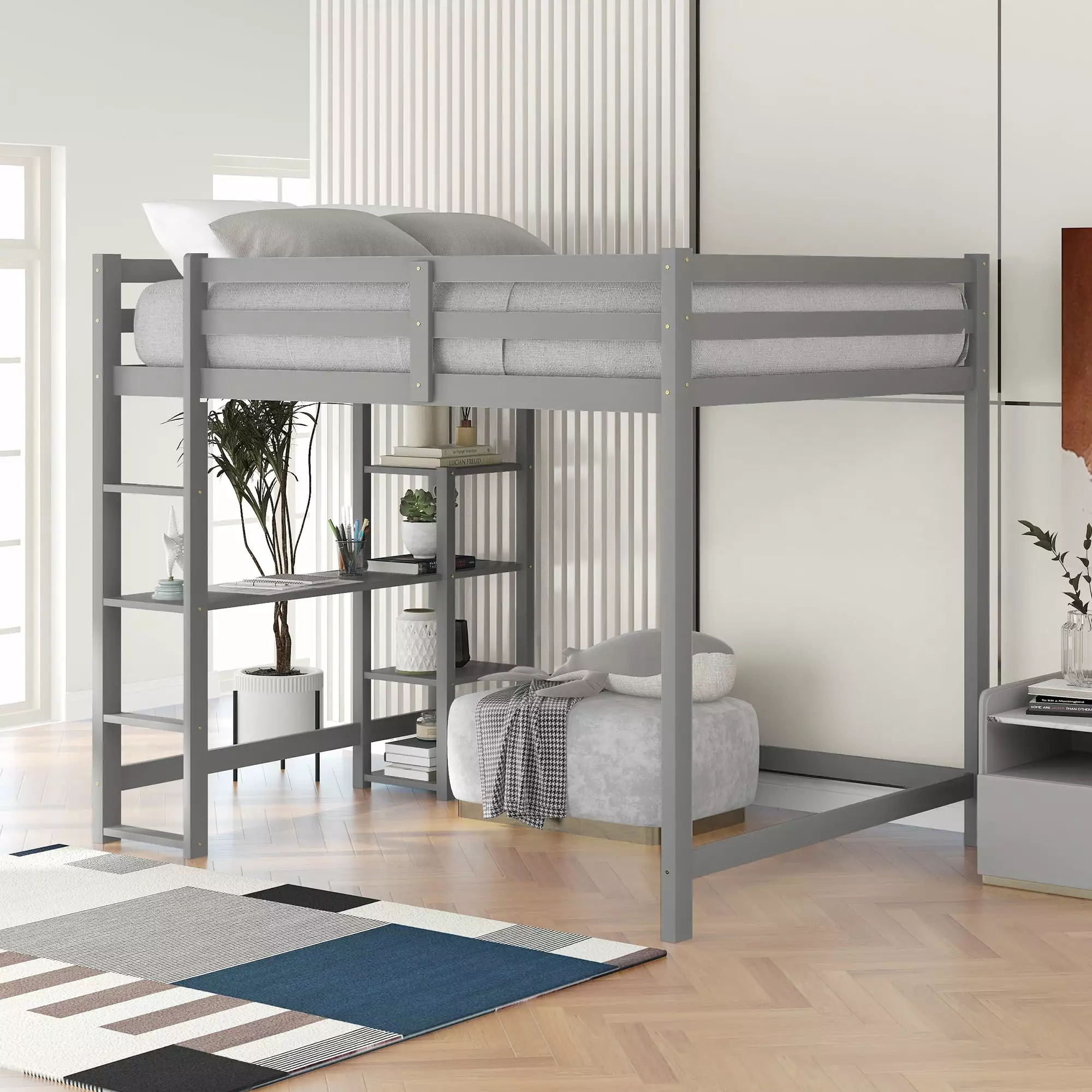 Euroco Full Size Loft Bed Built- Desk and Shelves Kids Teens Adults Gray