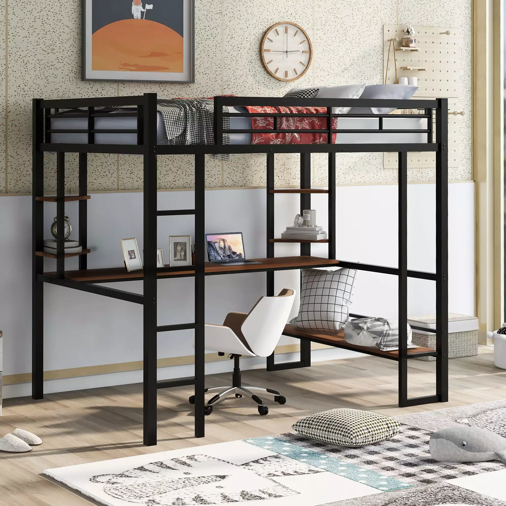Euroco Full Size Loft Bed Desk and Shelf Black Metal Space Saving Bed Frame