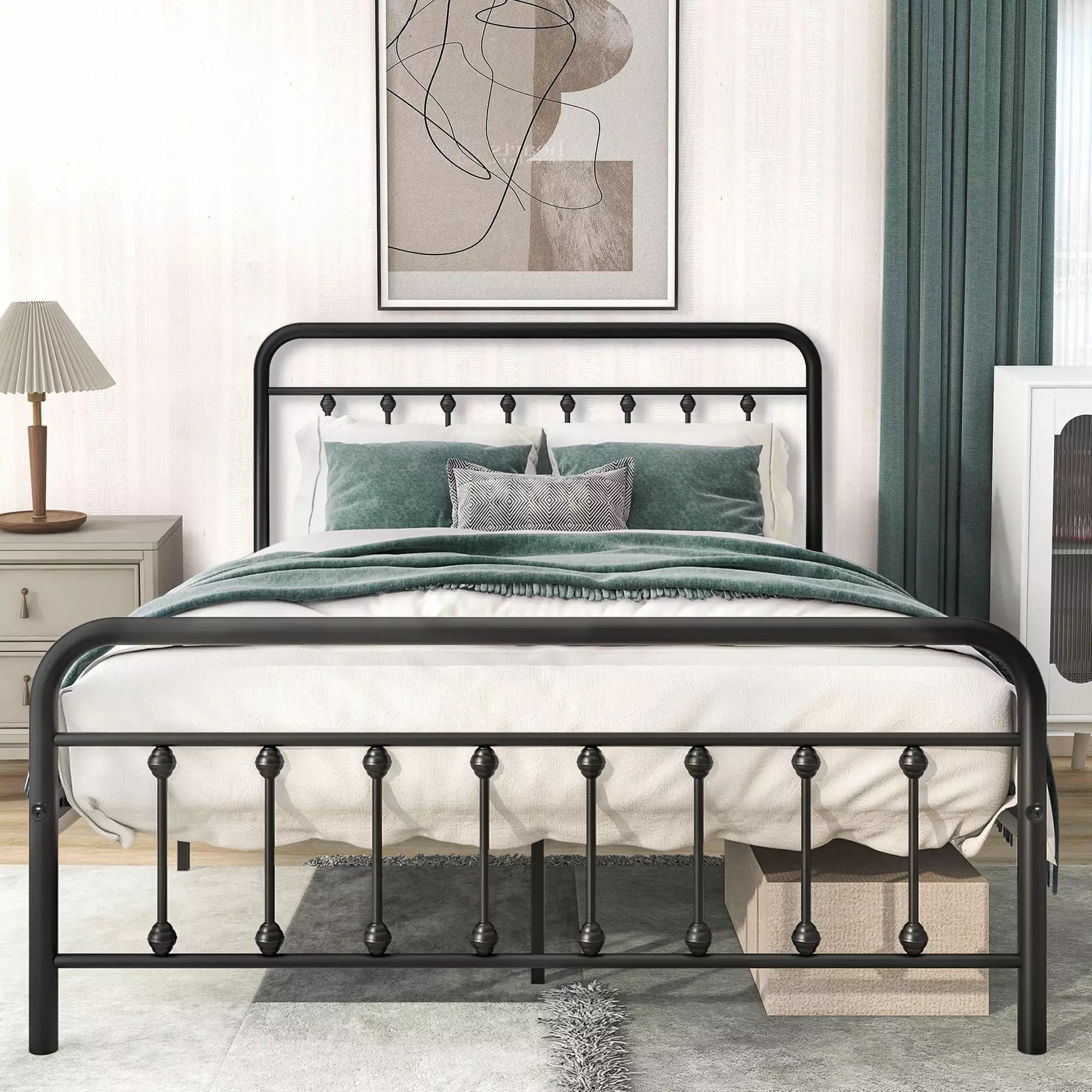 PAPROOS Full Size Metal Bed Frame Headboard and Footboard Heavy Duty Platform Bed Black