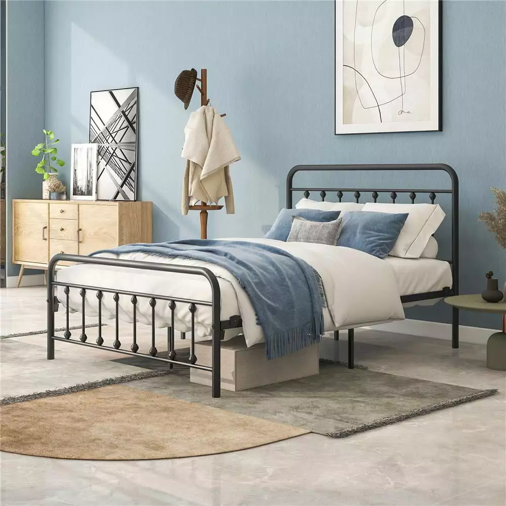 Full Platform Bed Frame Vintage Metal Platform Bed Headboard and Footboard Noise Free Under Bed Storage Black ARCTICSCORPION
