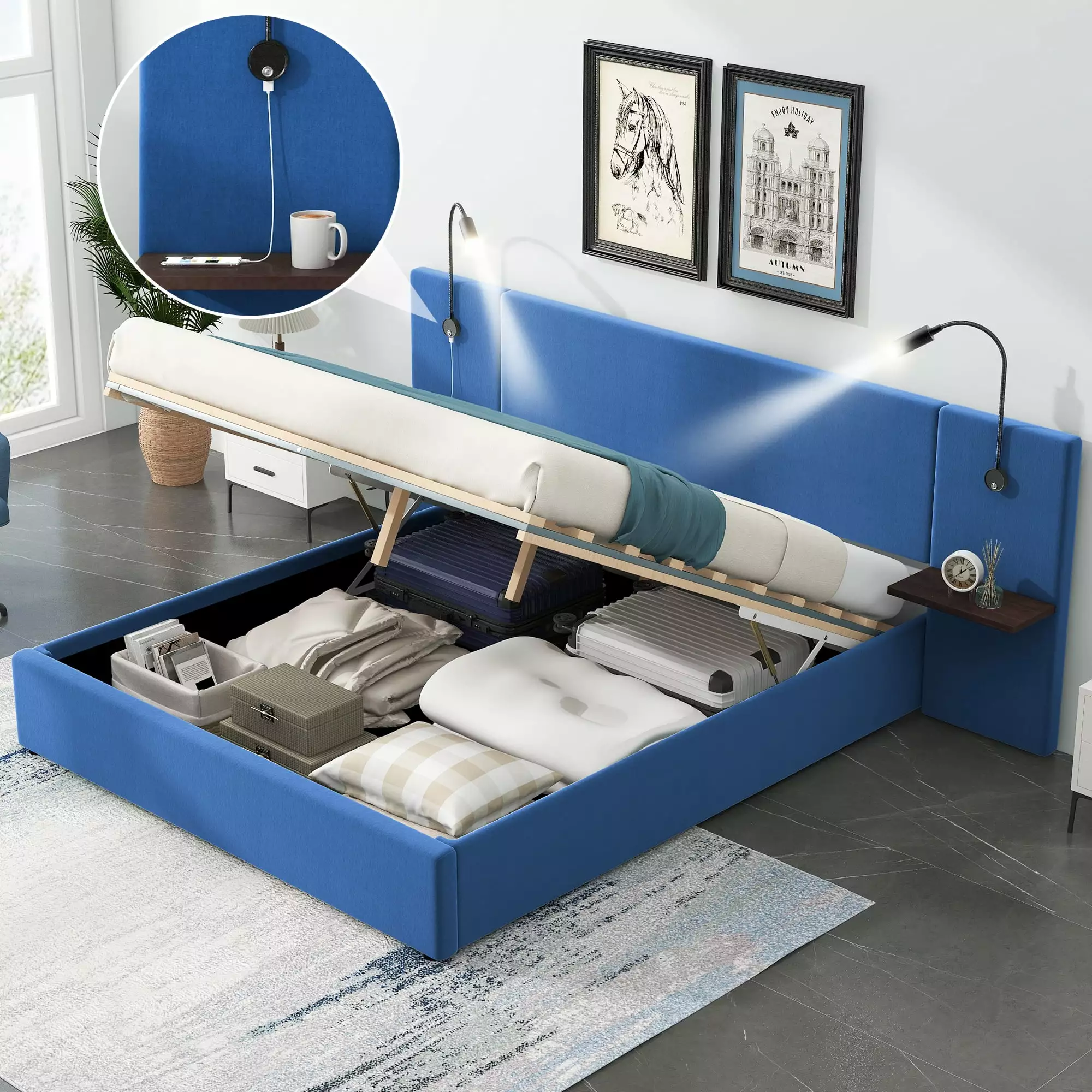 Euroco Full Size Upholstery Platform Bed Lift up Storage and LED Lights Blue Attached Shelf USB Charging