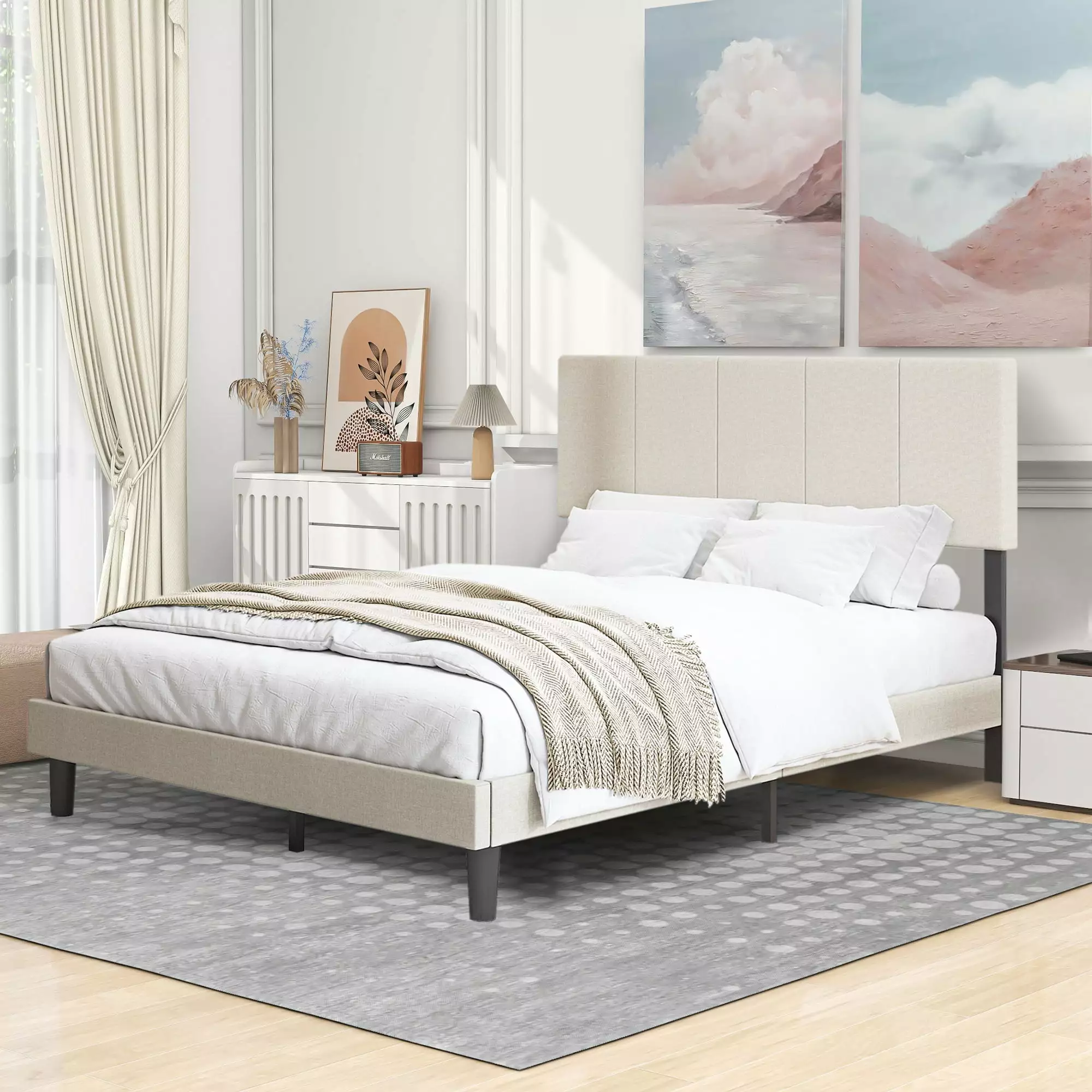 LegaHome Upholstered Full Bed Frame Vertical Striped Headboard No Box Spring Needed Beige