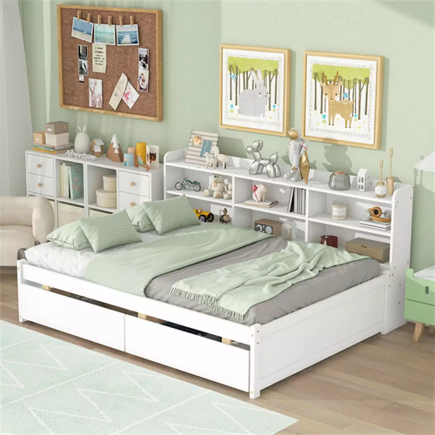 Full Size Platform Bed Side Bookcases and 2 Storage Drawers Solid Wood Bed Frame Headboard Kids Teens No Box Spring Needed...