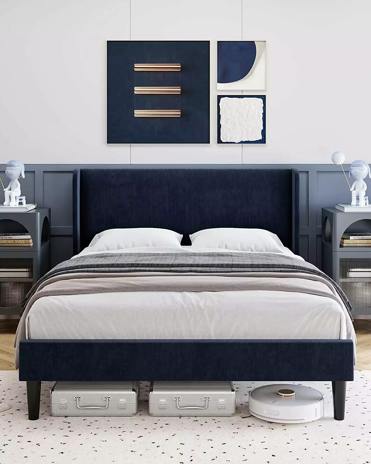 WhizMax Full Bed Frame Upholstered Platform Bed Wingback Headboard and Storage Pockets Blue