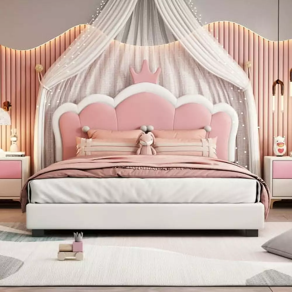 CITYLE Full Size Upholstered Princess Bed Crown Shape Leather Platform Bed Headboard and Footboard White