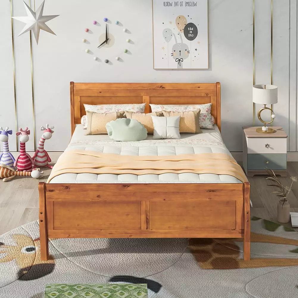 Kepooman Full Size Wood Platform Bed Frame Headboard Oak Finish Sturdy Design
