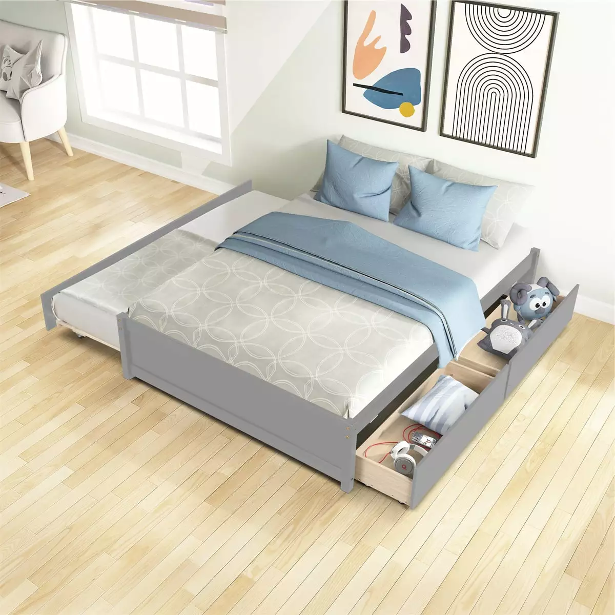 Full Platform Bed Twin Size Trundle Two Drawers Solid Pine Wood Upholstered Bed Frame Gray No Box Spring Needed ARCTICSCOR...